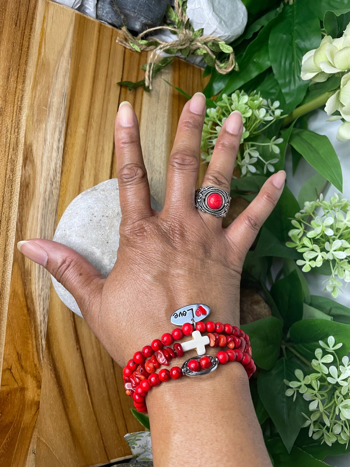 Red Bamboo Coral Chips, w/Reconstituted White Cross Stone, Healing Bracelet.