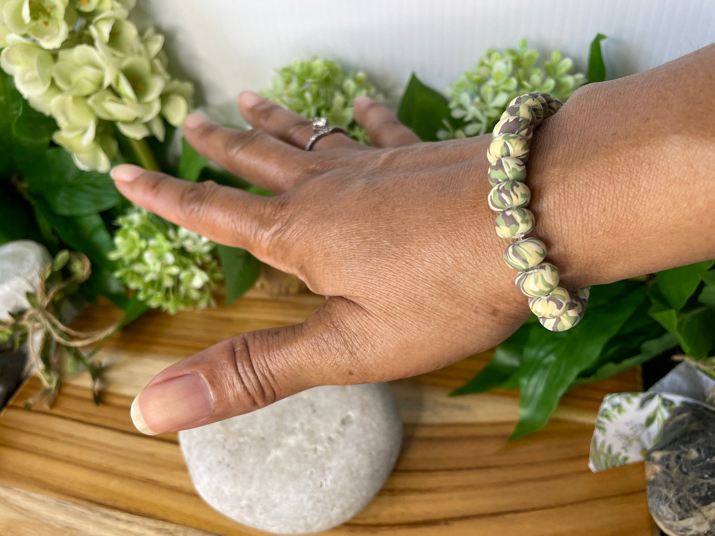 Clay, Light Green Camouflage Rondelle, Healing Bracelet.