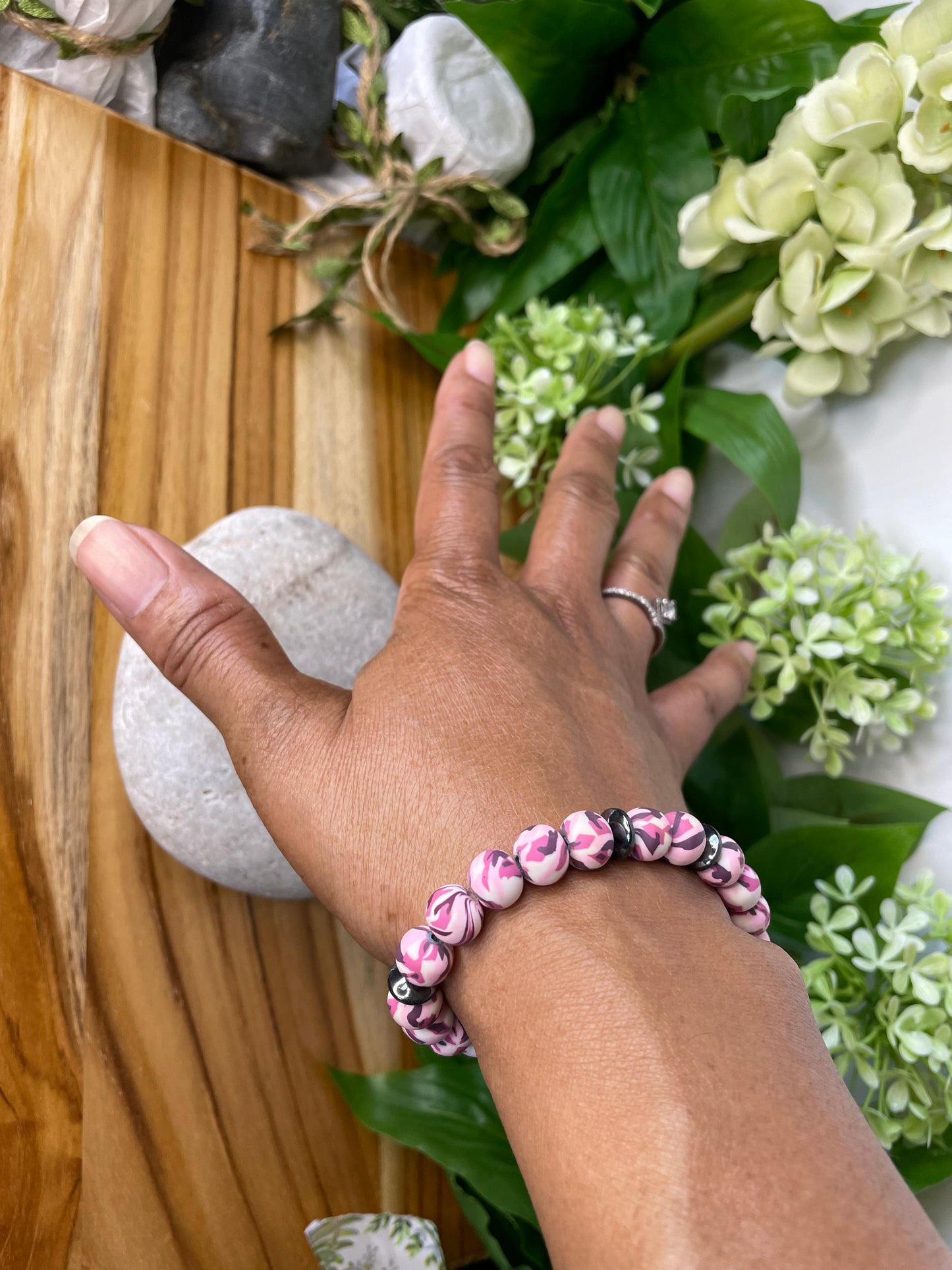 Clay, Pink Camouflage w/Hematite Stones Healing Bracelet.