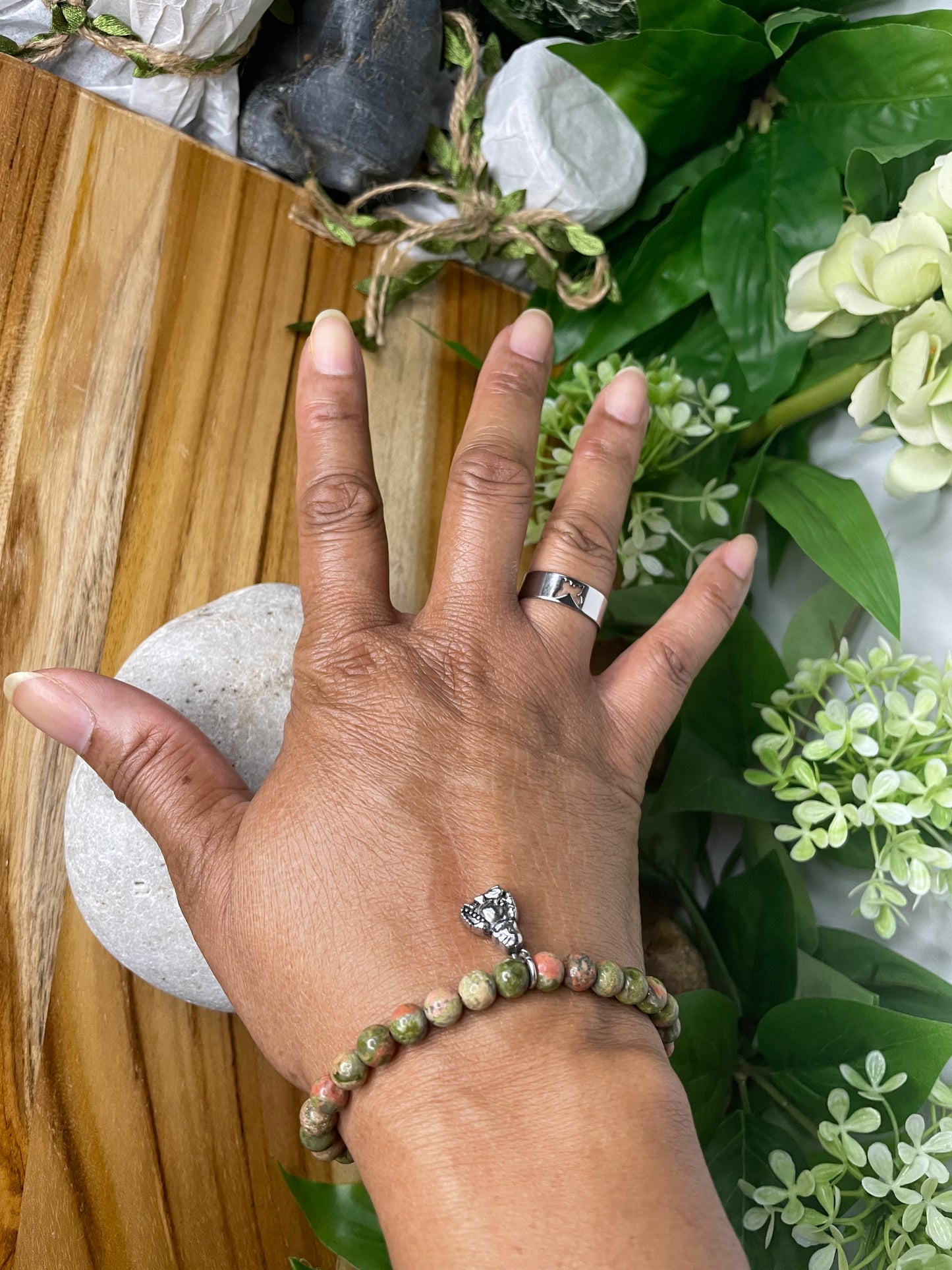 Green Unakite w/ Buddha, Healing Bracelet.