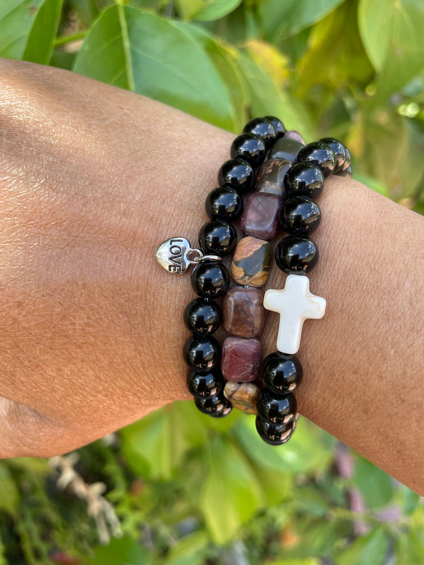 Jasper Black w/Reconstituted White Cross Stone, Healing Bracelet.