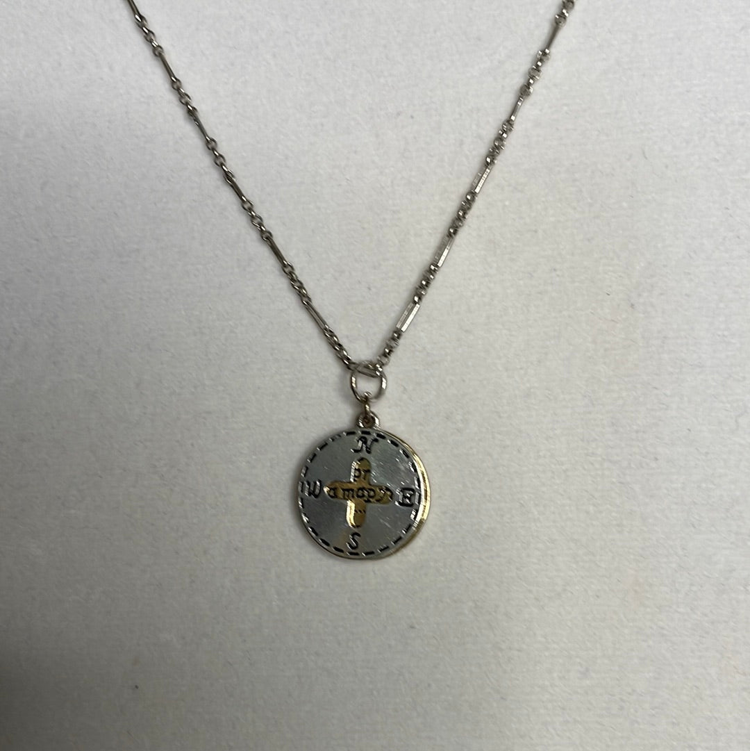 Compass, Silver & Gold Metal Necklace.