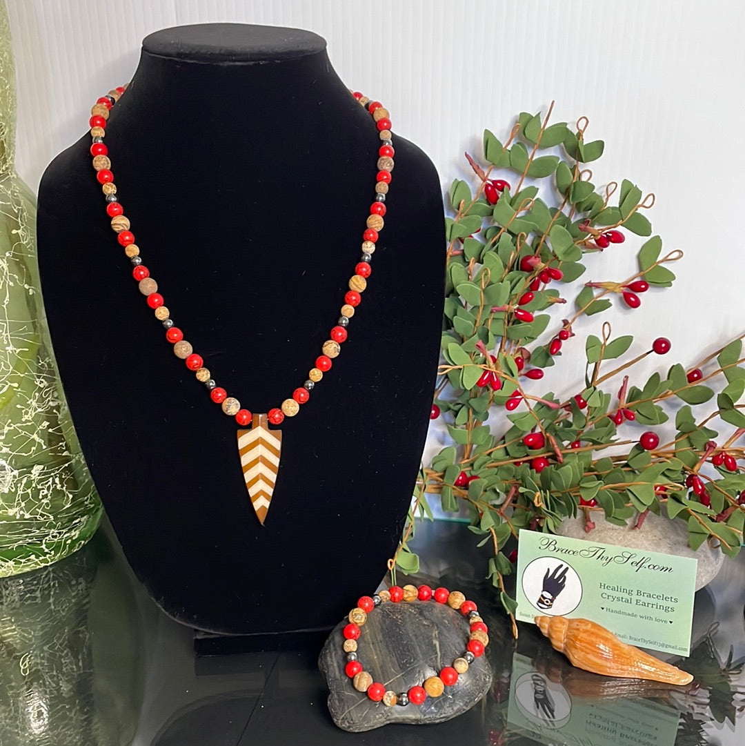 Red Bamboo, Jasper & Hematite Stones, w/ Batik Bone Spear, Healing Jewelry