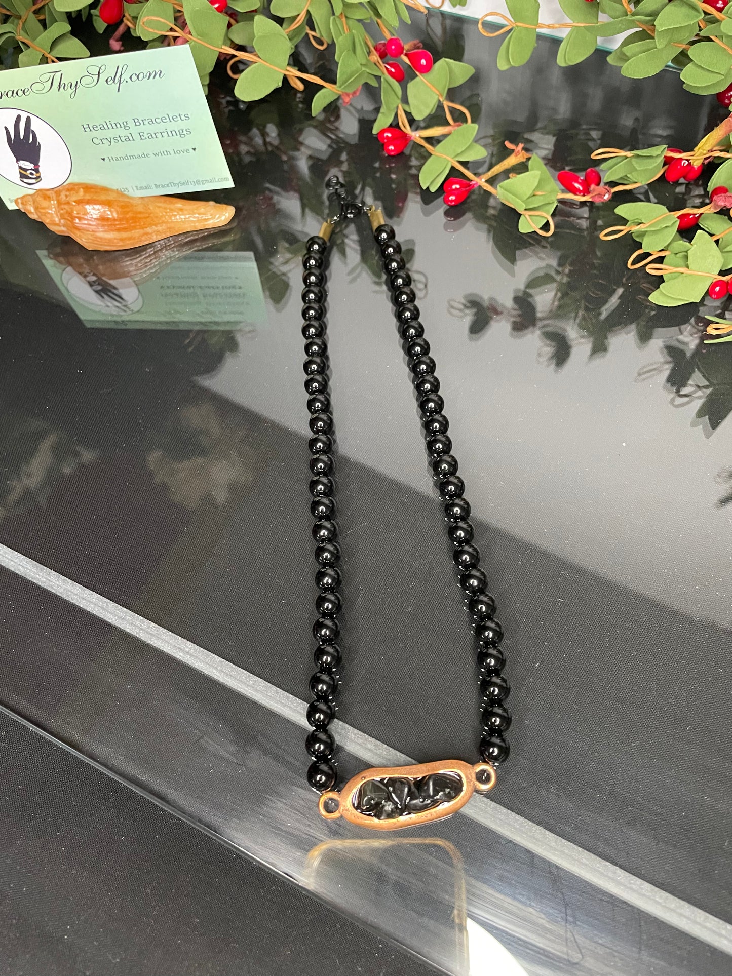 Jasper Stone Chocker w/Antique Copper Plate w/Black Obsidian Stones, Healing Necklace.