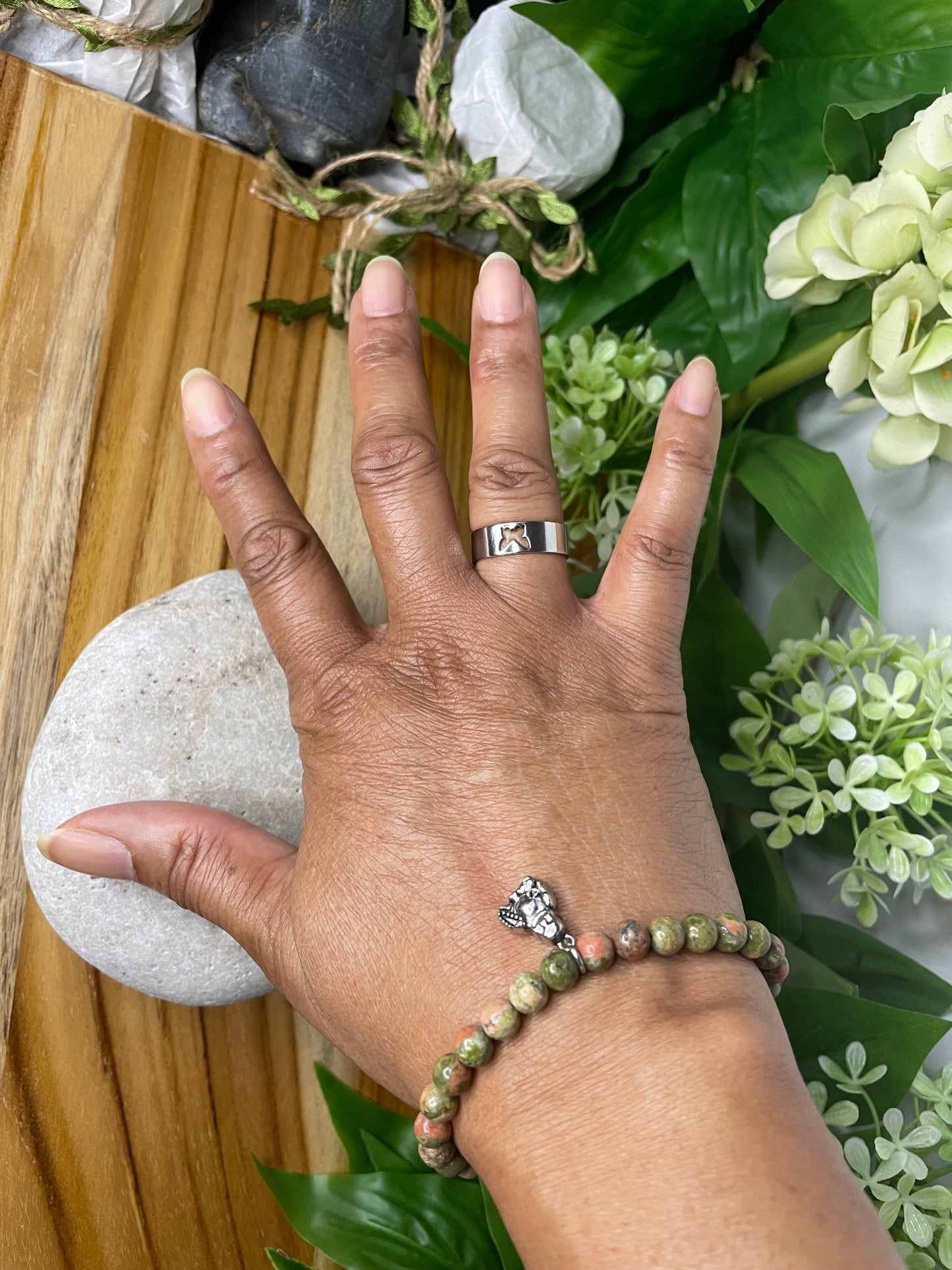 Green Unakite w/ Buddha, Healing Bracelet.