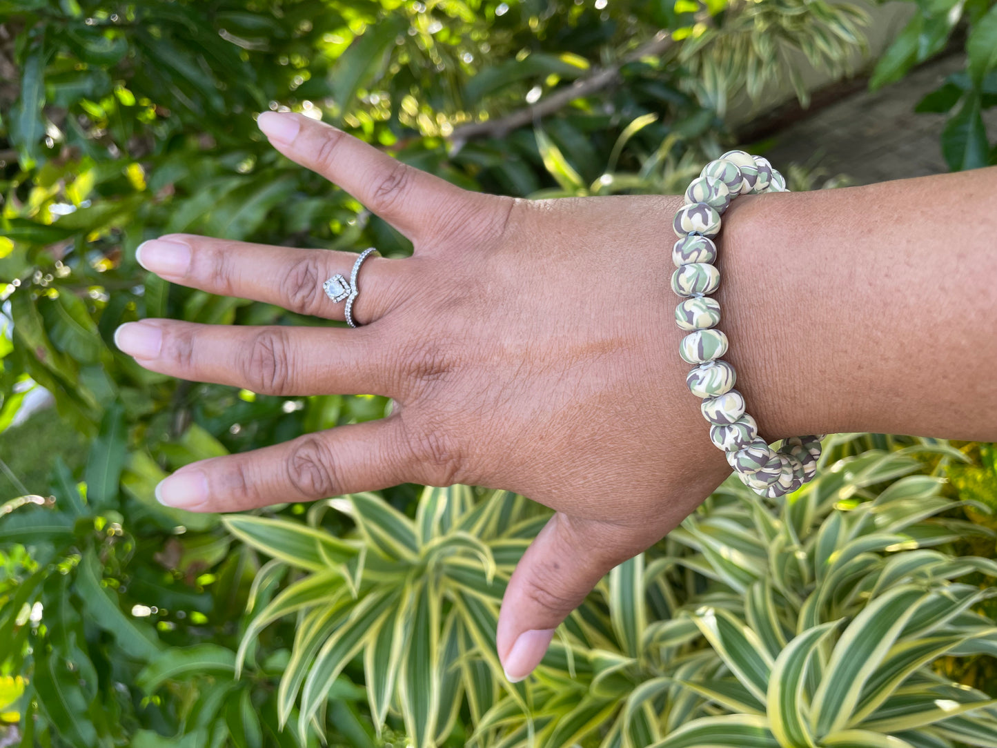 Clay, Light Green Camouflage Rondelle, Healing Bracelet.