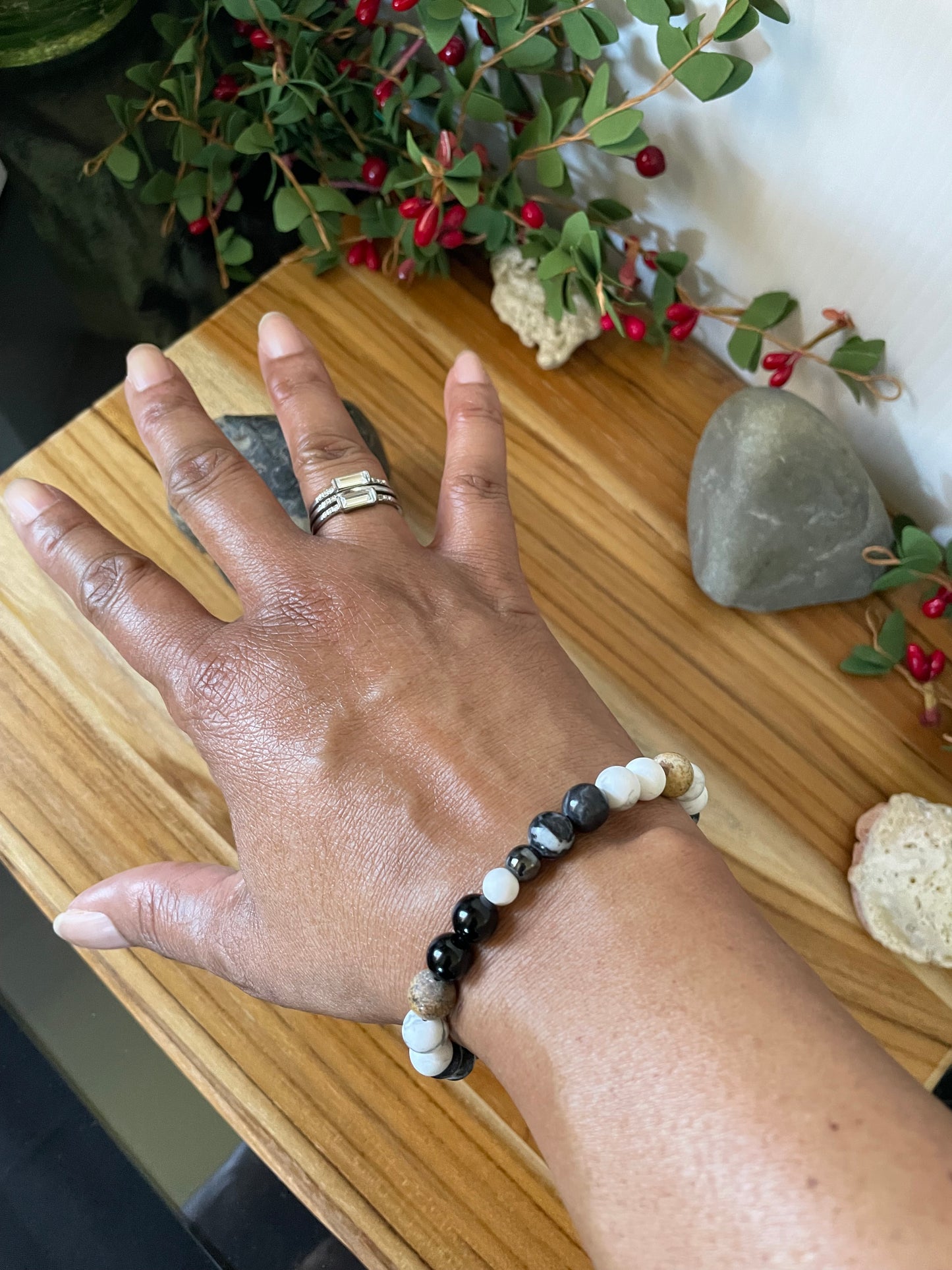 Zebra, White Stones, w/ Black & Beige Jasper Stones w/ Hematite spacer. Healing Jewelry.