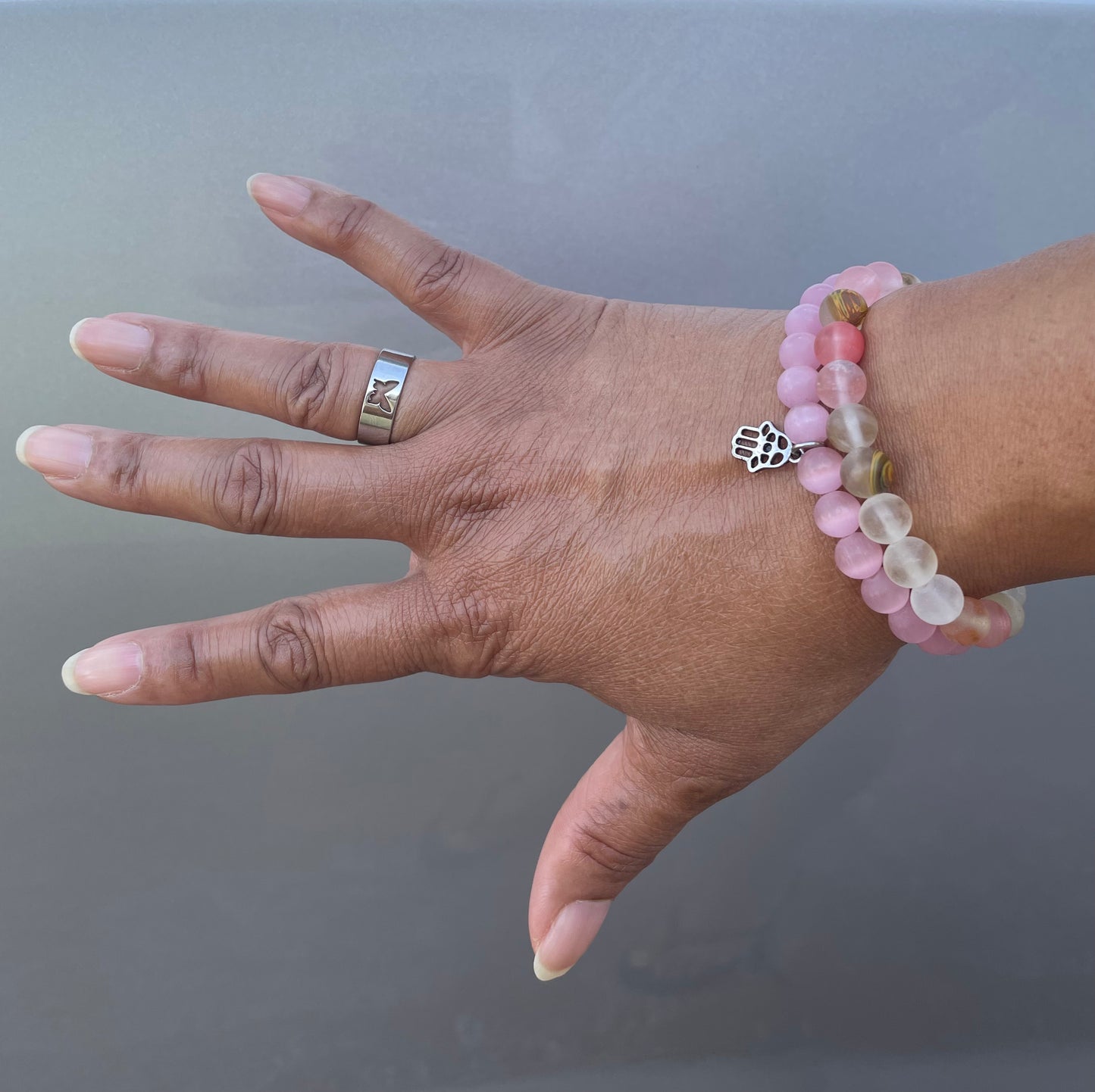 Pink Cats Eye, w/Hamsa Hand Healing Bracelet.