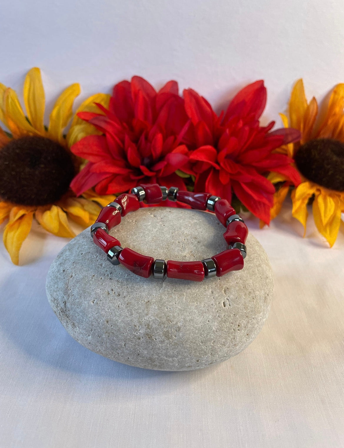 Red Bamboo Coral w/Hematite, Healing Necklace