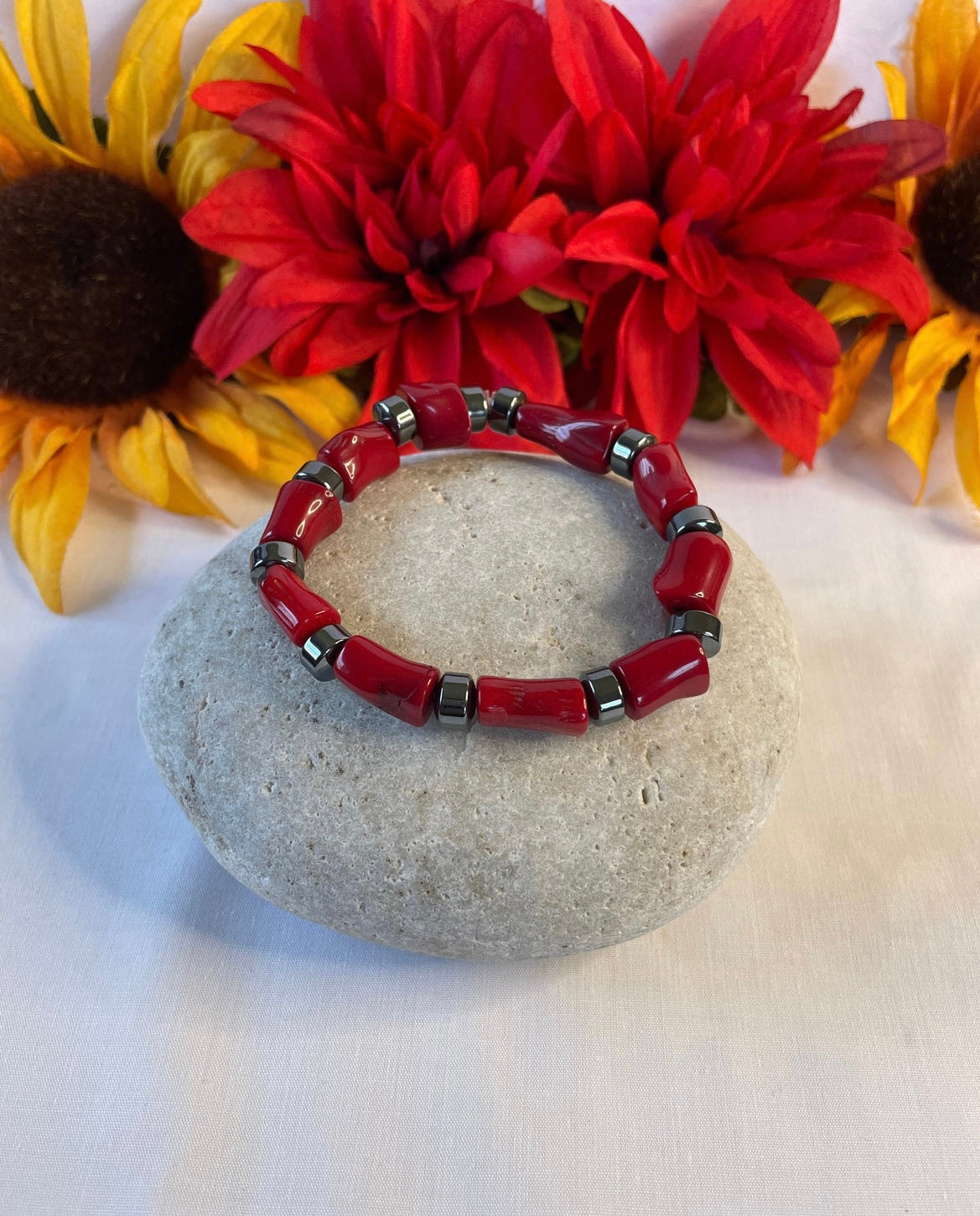 Red Bamboo Coral w/Hematite, Healing Necklace