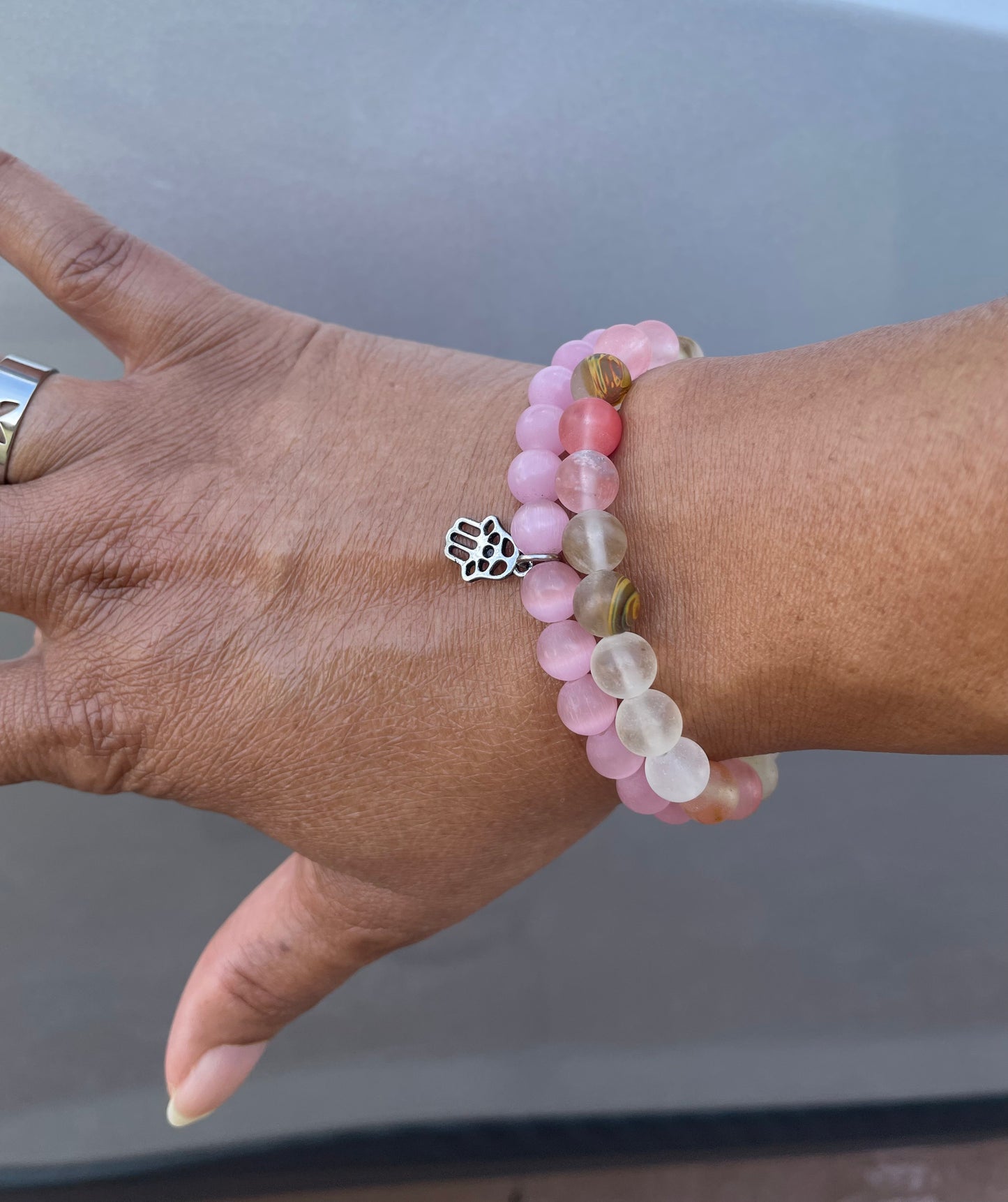 Pink Cats Eye, w/Hamsa Hand Healing Bracelet.