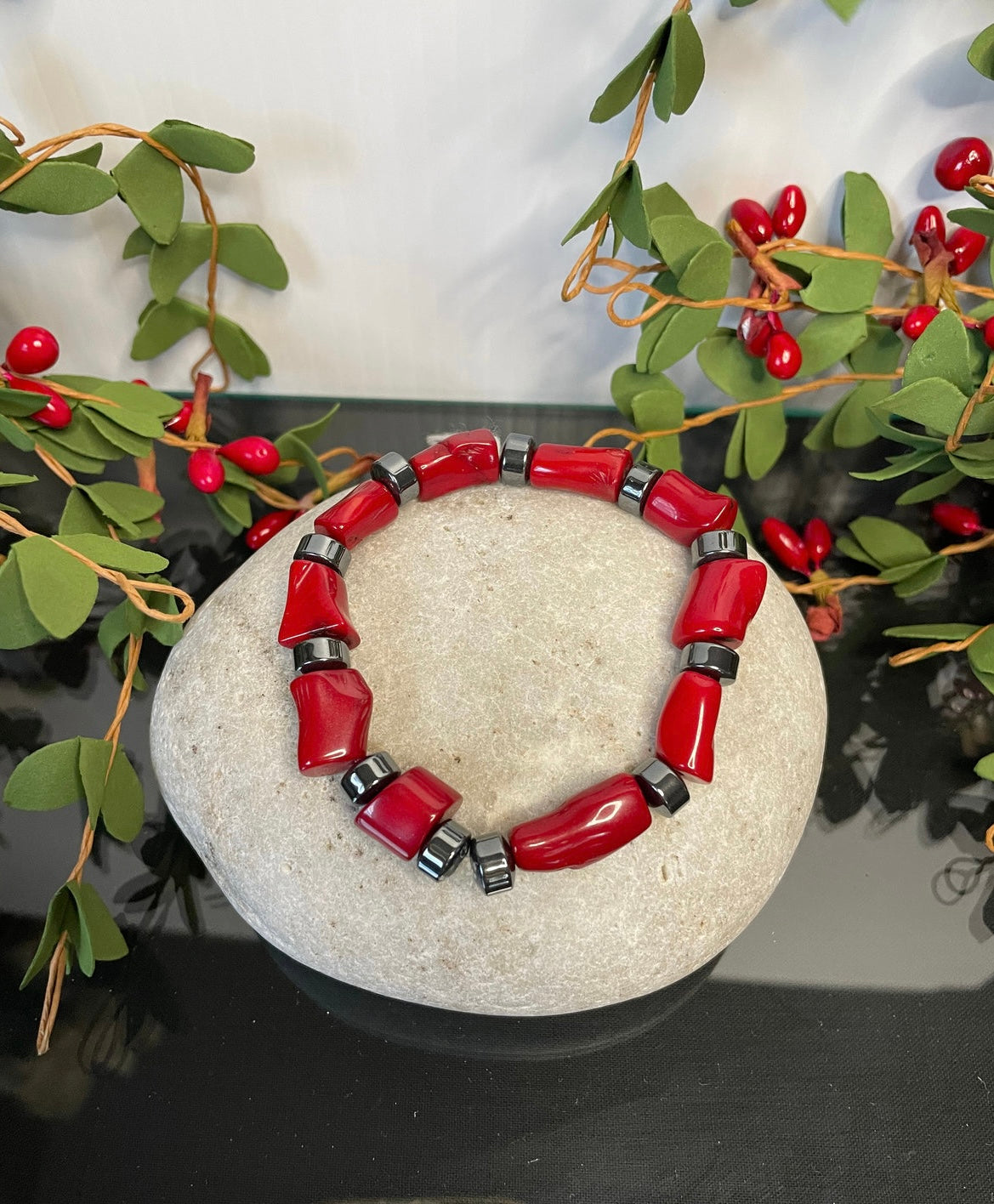 Red Bamboo Coral w/Hematite, Healing Necklace