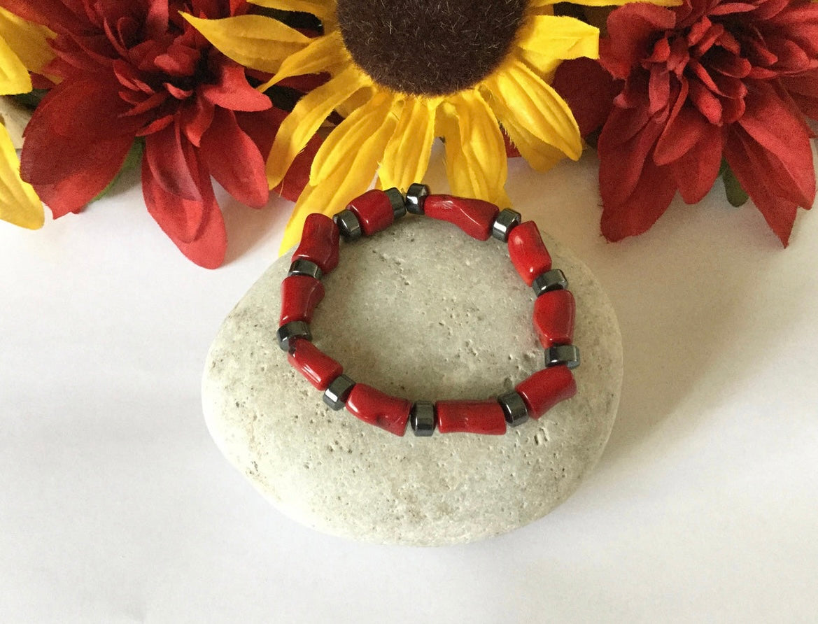 Red Bamboo Coral w/Hematite, Healing Necklace