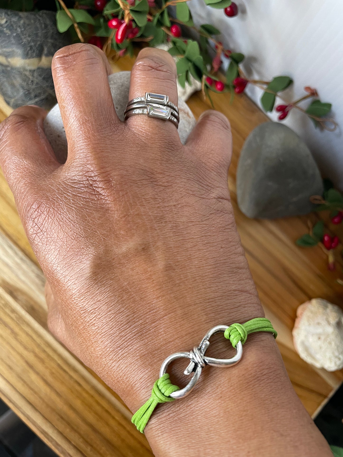 Knotted, Silver Metal Lime Green Hemp Inspirational Quoted Bracelet.