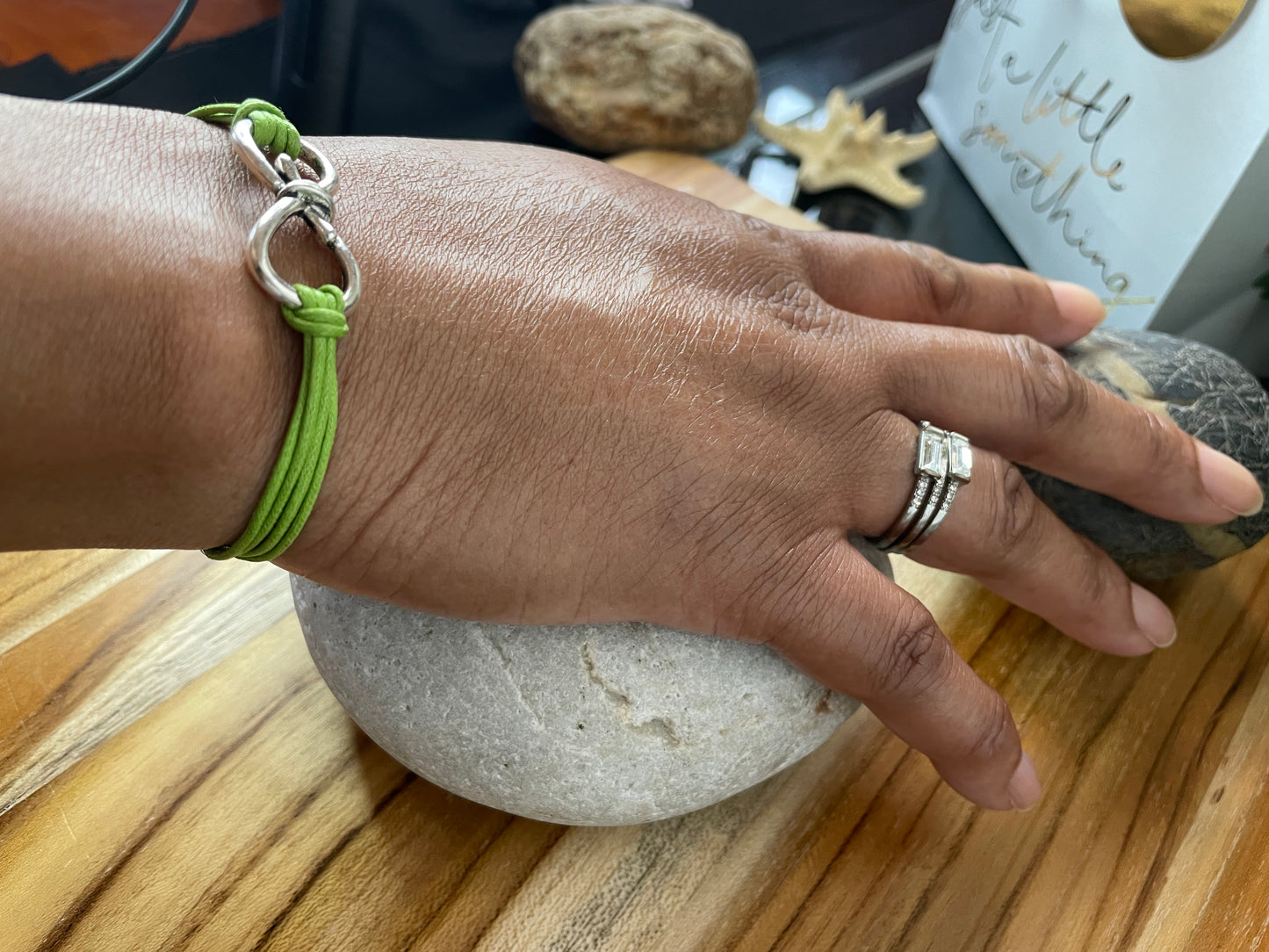 Knotted, Silver Metal Lime Green Hemp Inspirational Quoted Bracelet.