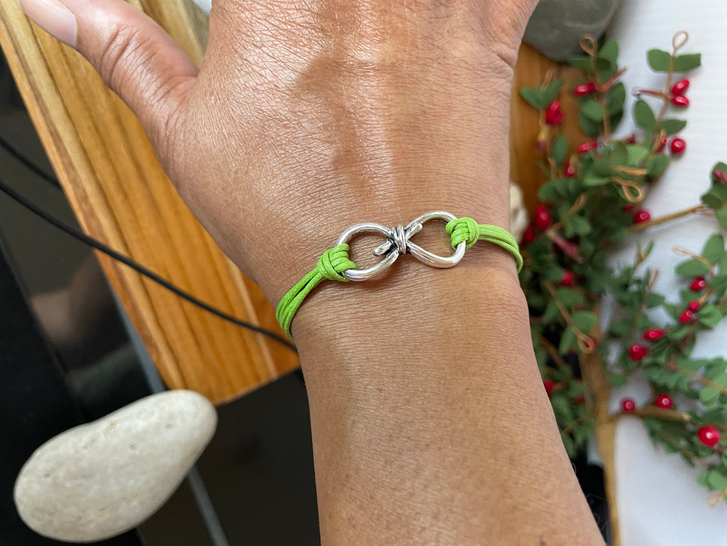 Knotted, Silver Metal Lime Green Hemp Inspirational Quoted Bracelet.