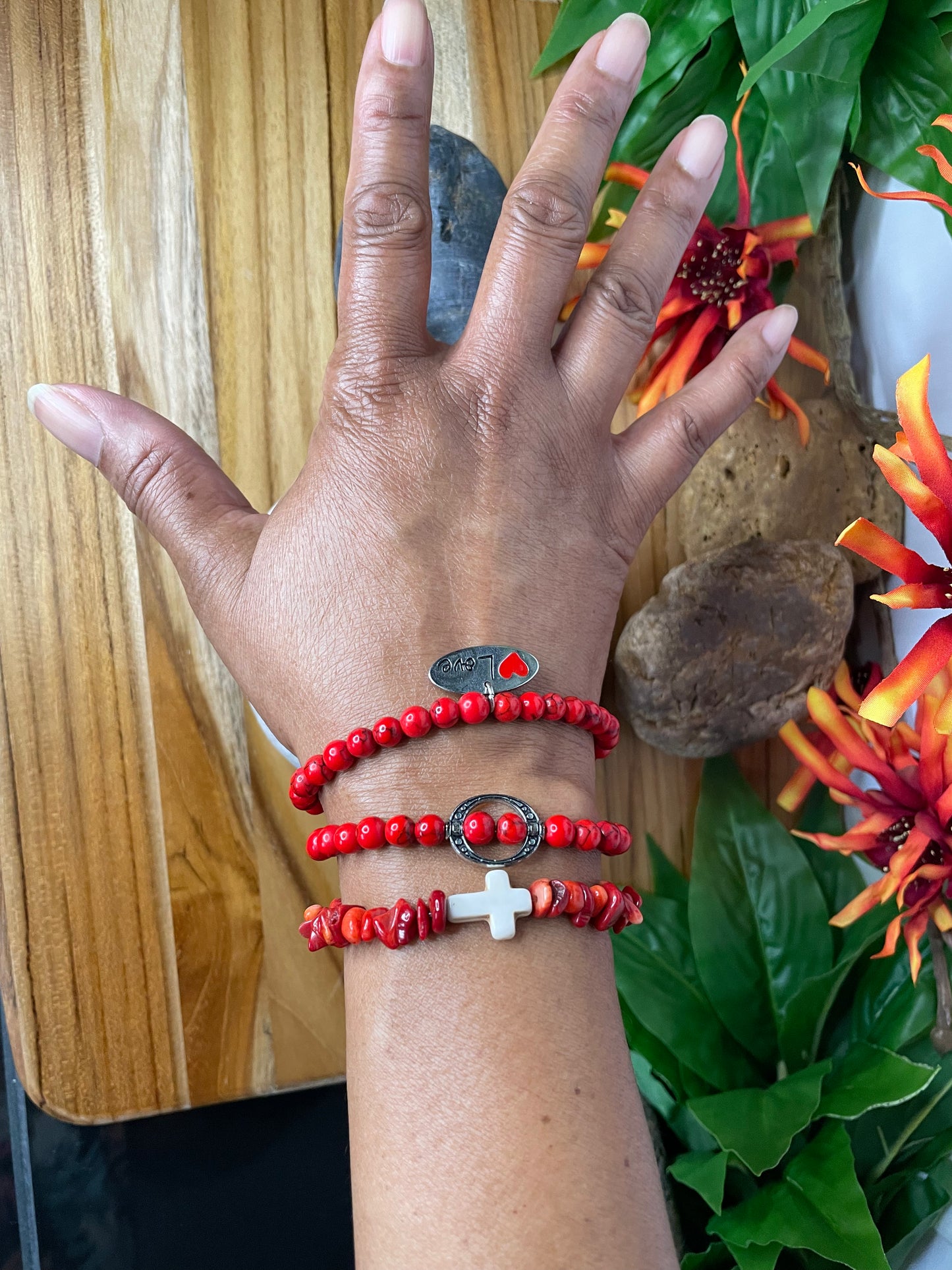 Red Bamboo Coral Chips, w/Reconstituted White Cross Stone, Healing Bracelet.