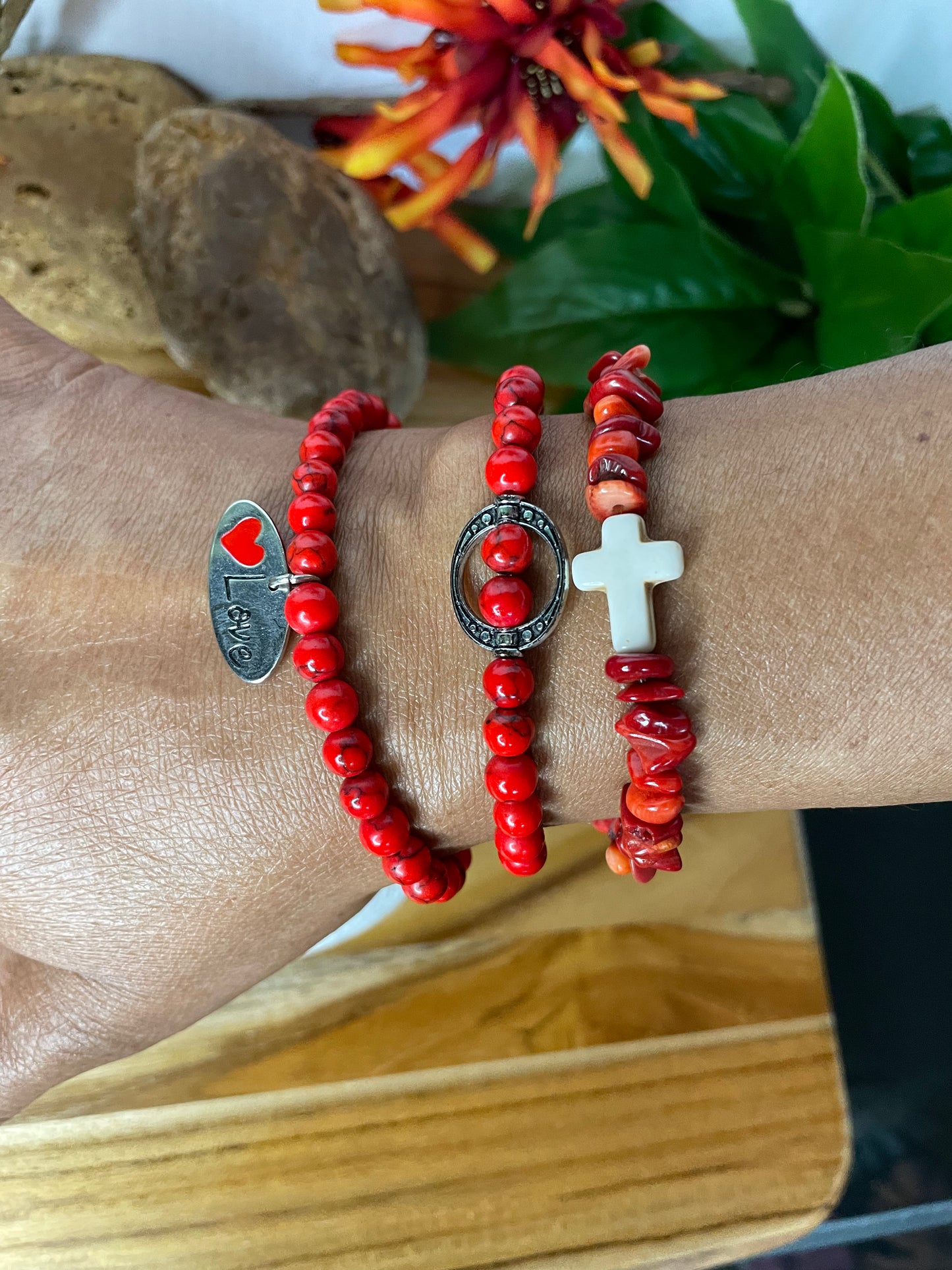 Red Bamboo Coral Chips, w/Reconstituted White Cross Stone, Healing Bracelet.