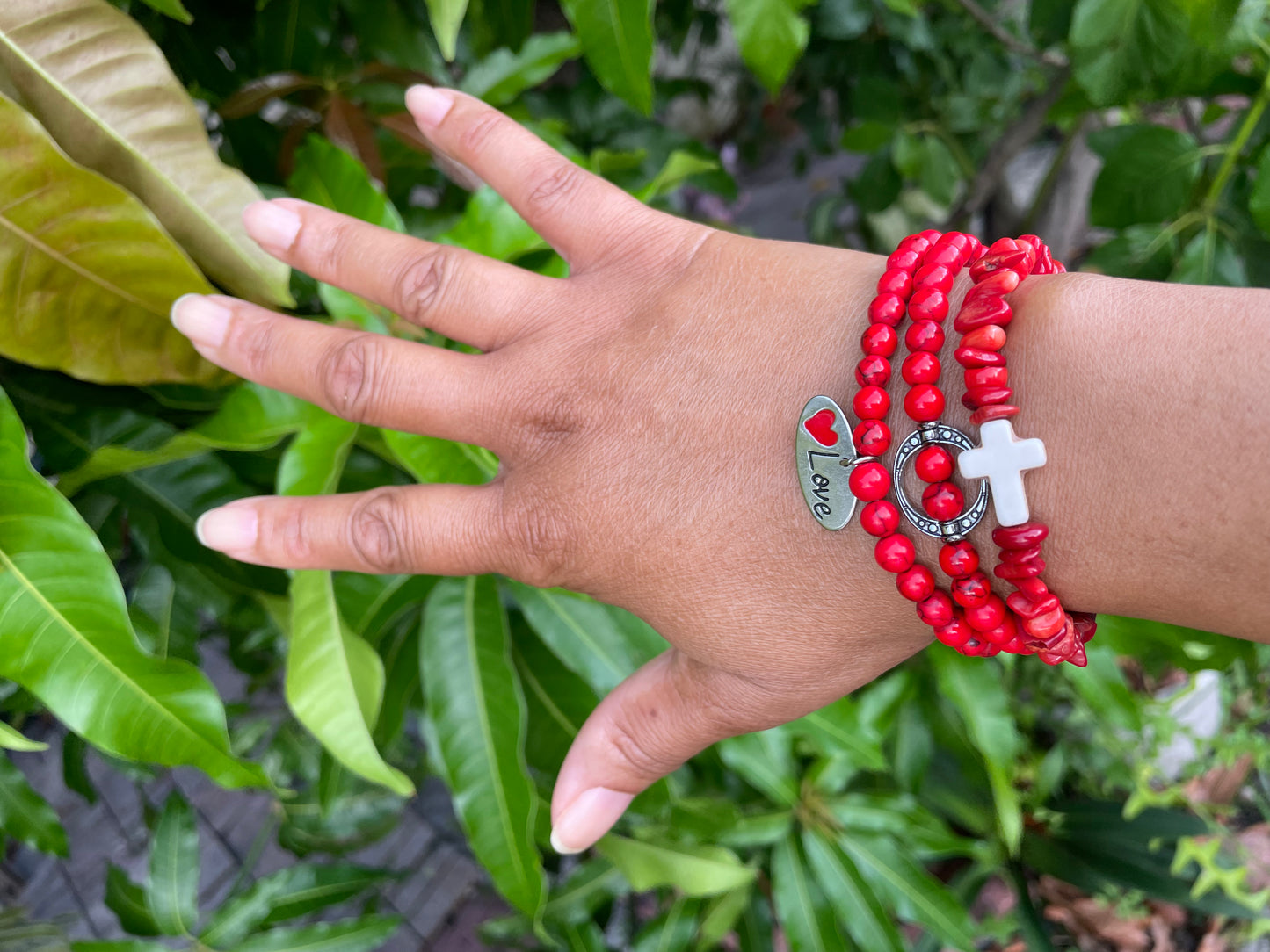 Red Bamboo Coral w/Love Charm, Healing Bracelet.
