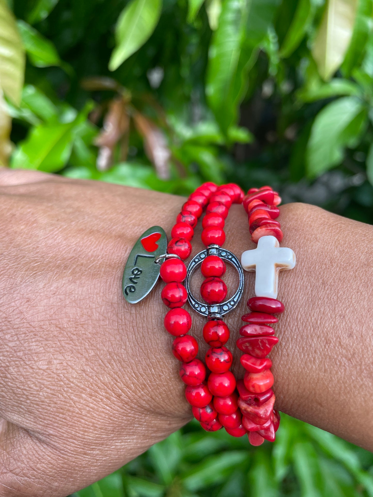 Red Bamboo Coral Chips, w/Reconstituted White Cross Stone, Healing Bracelet.
