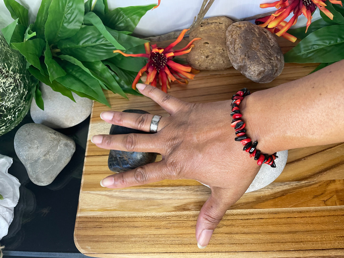 Red Bamboo Coral w/Obsidian, Healing Bracelet.