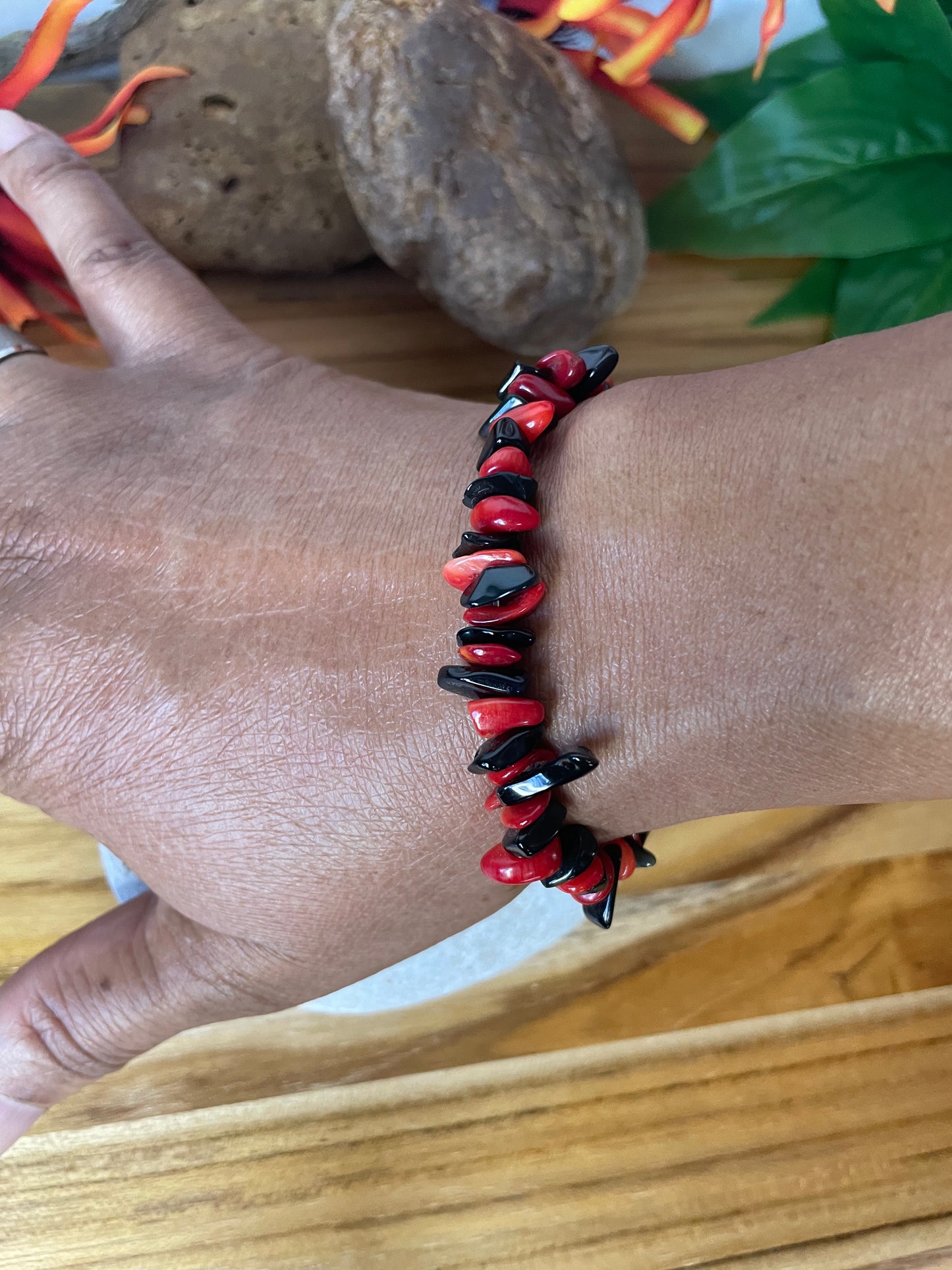 Red Bamboo Coral w/Obsidian, Healing Bracelet.
