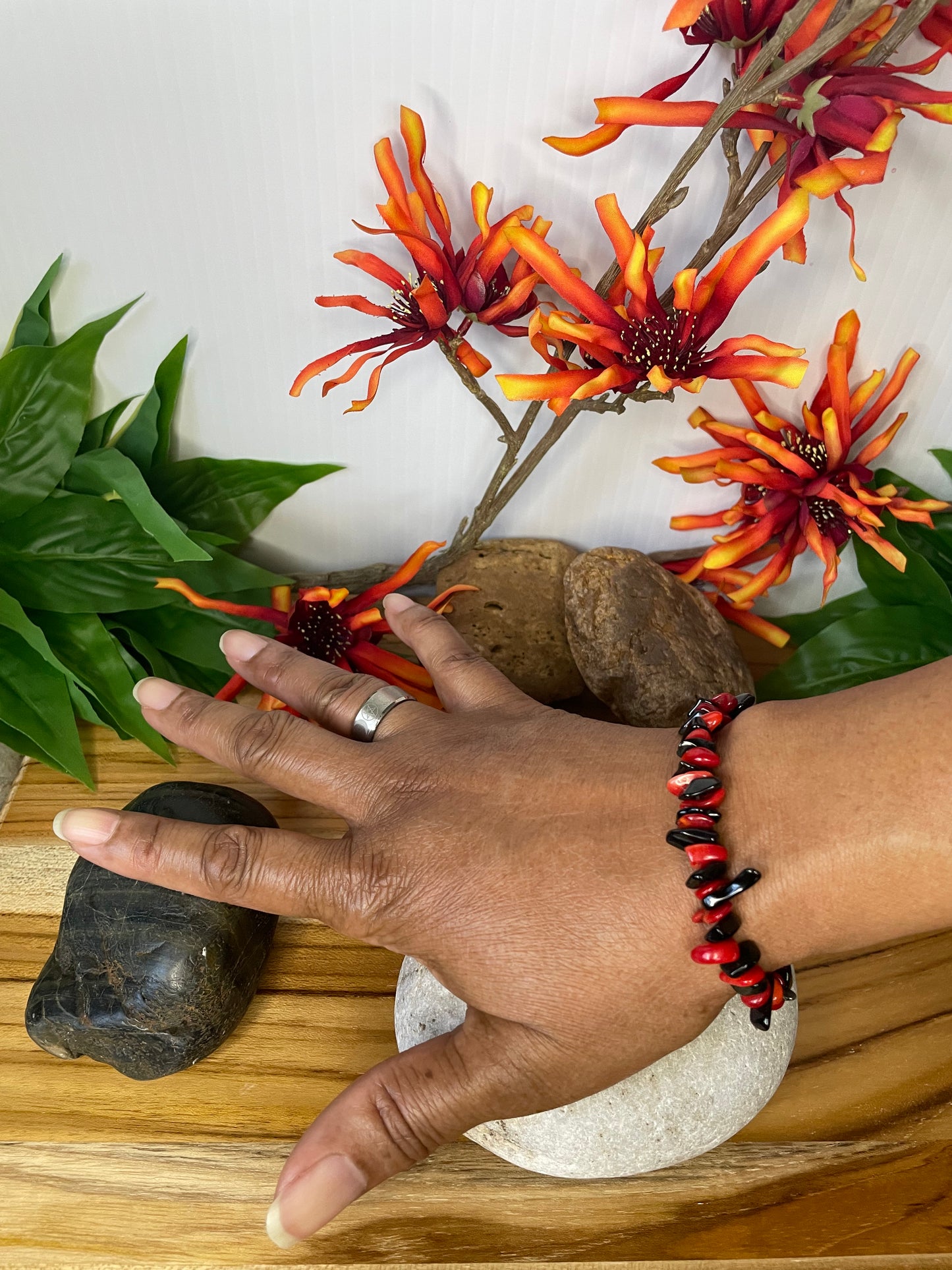 Red Bamboo Coral w/Obsidian, Healing Bracelet.