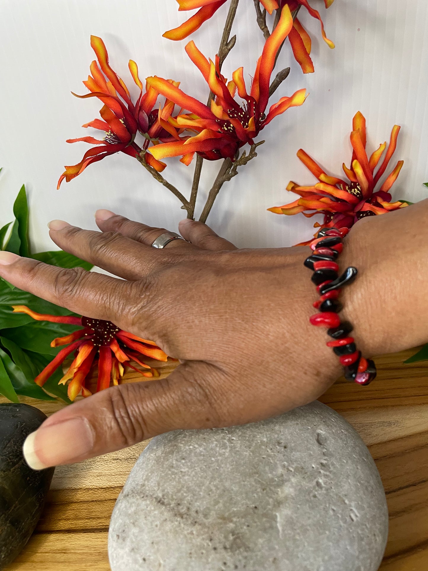 Red Bamboo Coral w/Obsidian, Healing Bracelet.