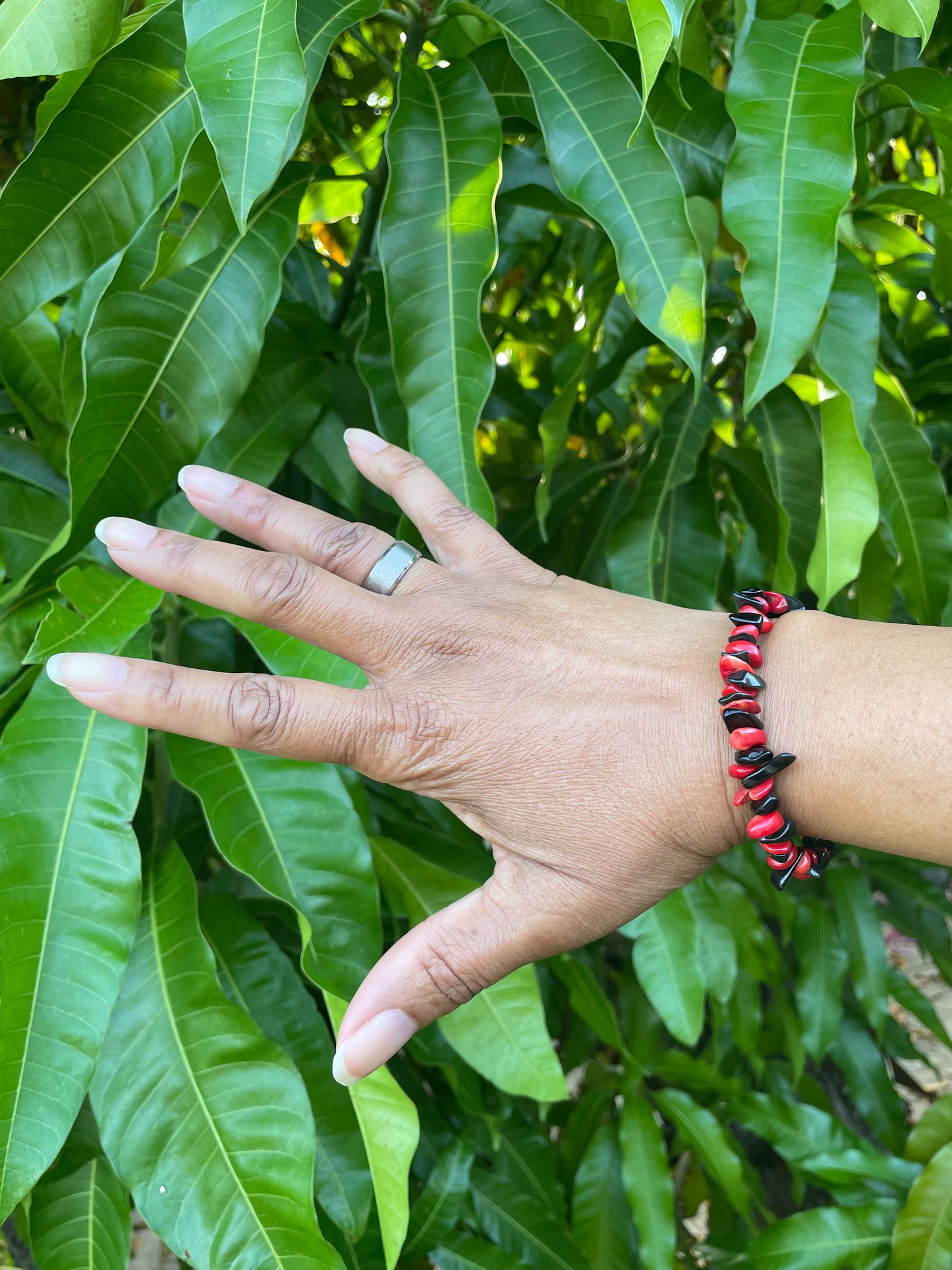Red Bamboo Coral w/Obsidian, Healing Bracelet.