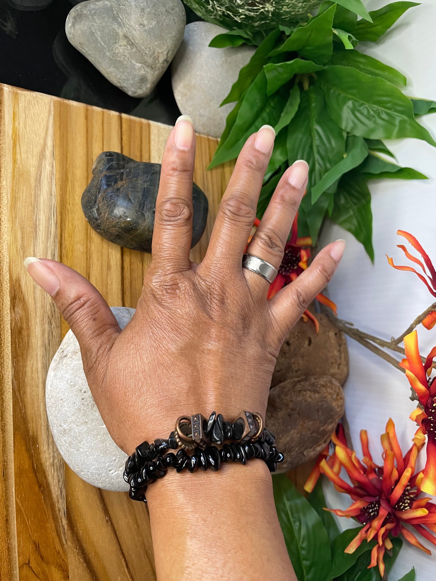 Black Obsidian Chip Stones w/Plated Copper Rings, Healing Bracelet.