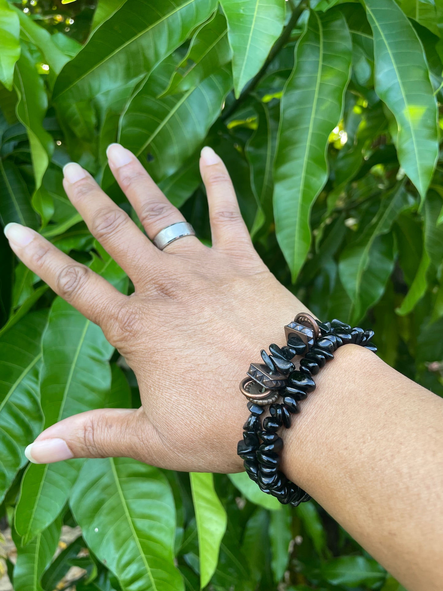 Black Obsidian Chip Stones w/Plated Copper Rings, Healing Bracelet.