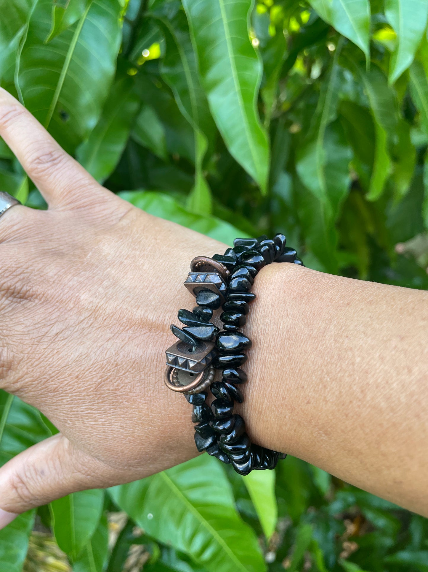 Black Obsidian Chip Stones w/Plated Copper Rings, Healing Bracelet.