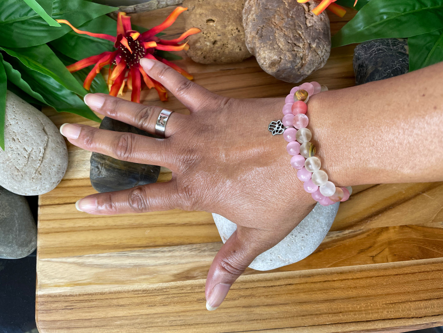 Pink Cats Eye, w/Hamsa Hand Healing Bracelet.