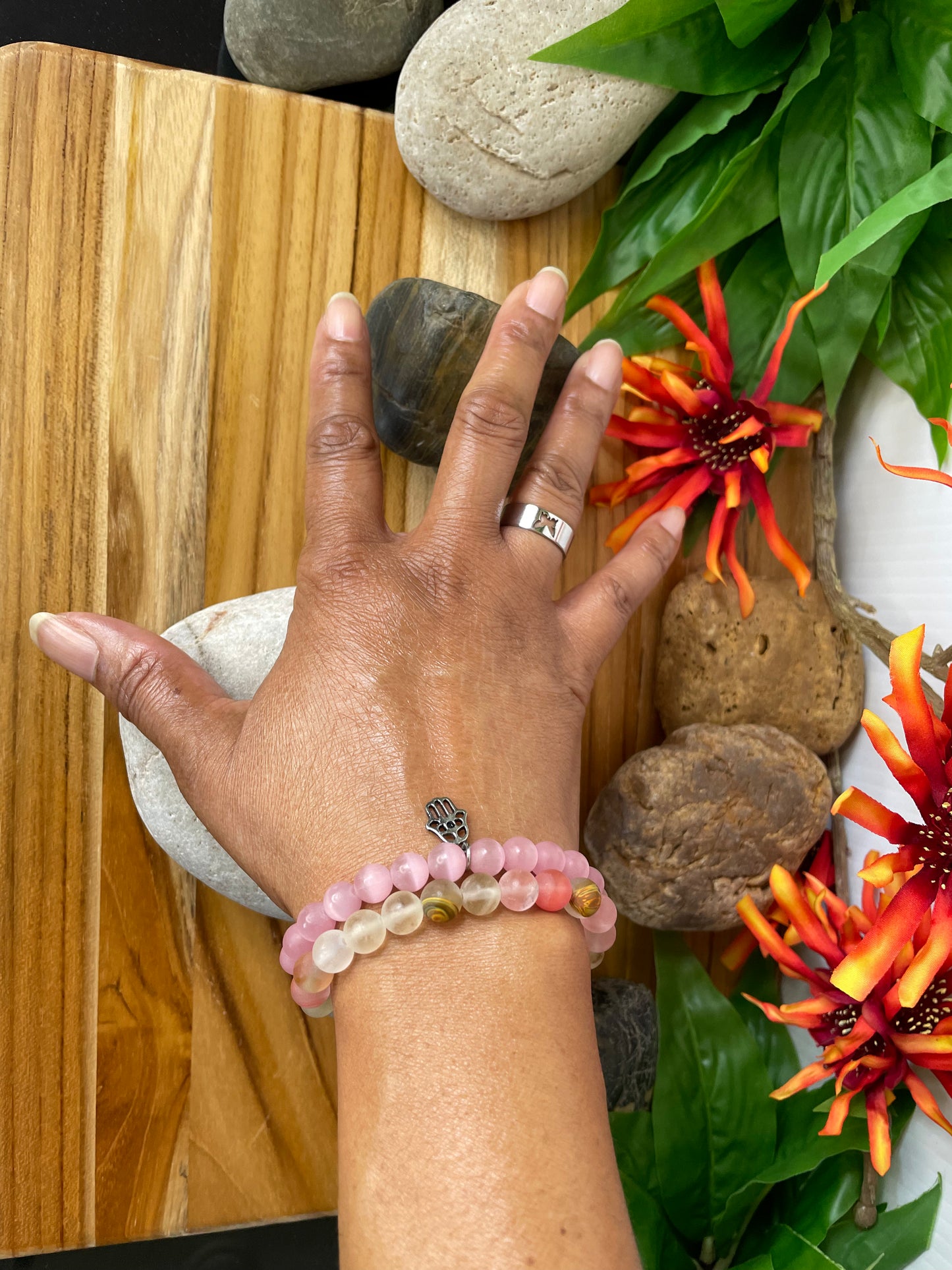 Pink Cats Eye, w/Hamsa Hand Healing Bracelet.