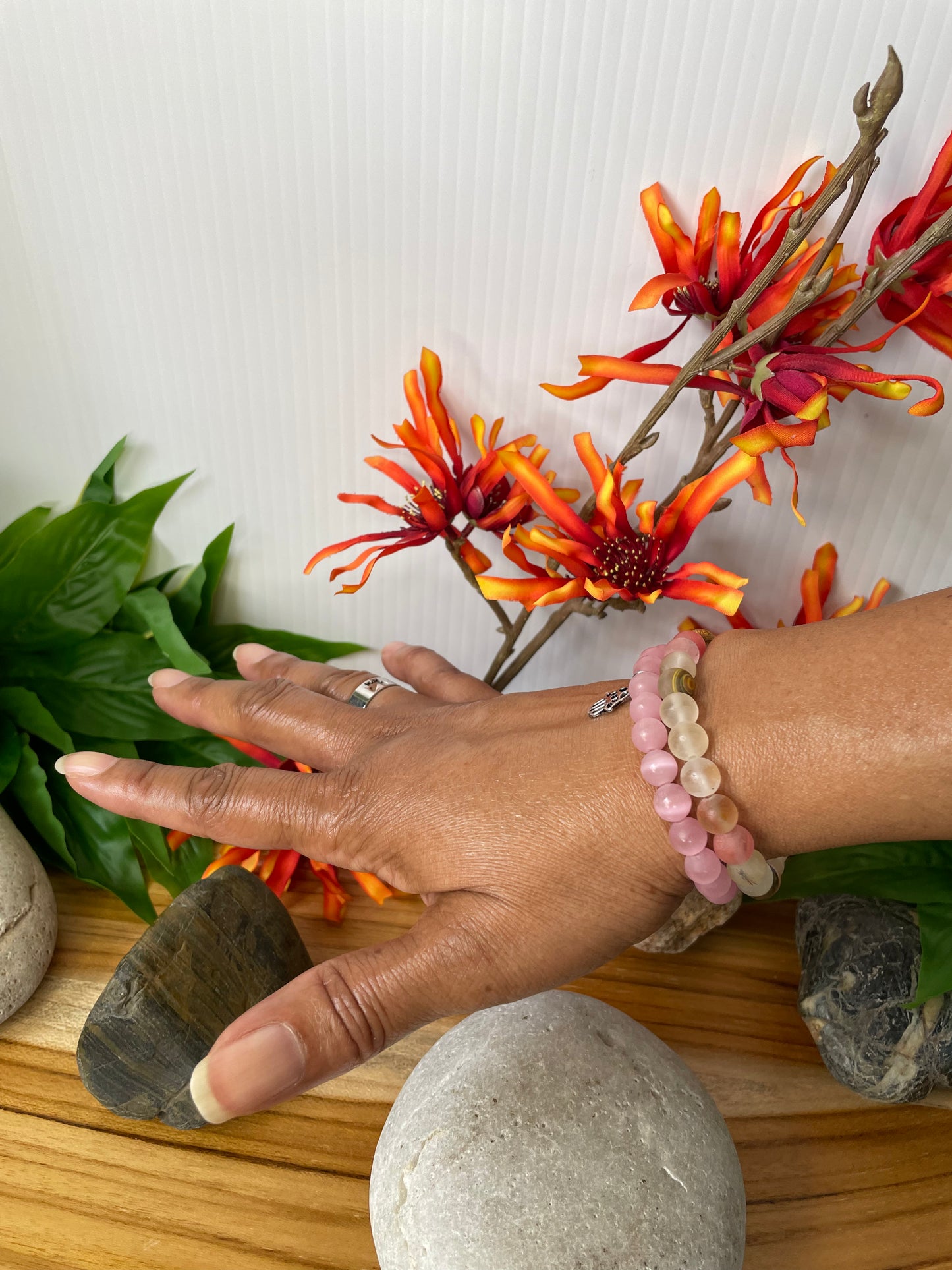 Pink Cats Eye, w/Hamsa Hand Healing Bracelet.