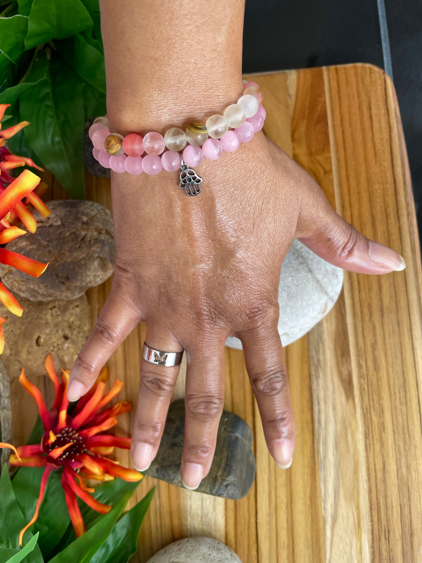 Pink Cats Eye, w/Hamsa Hand Healing Bracelet.