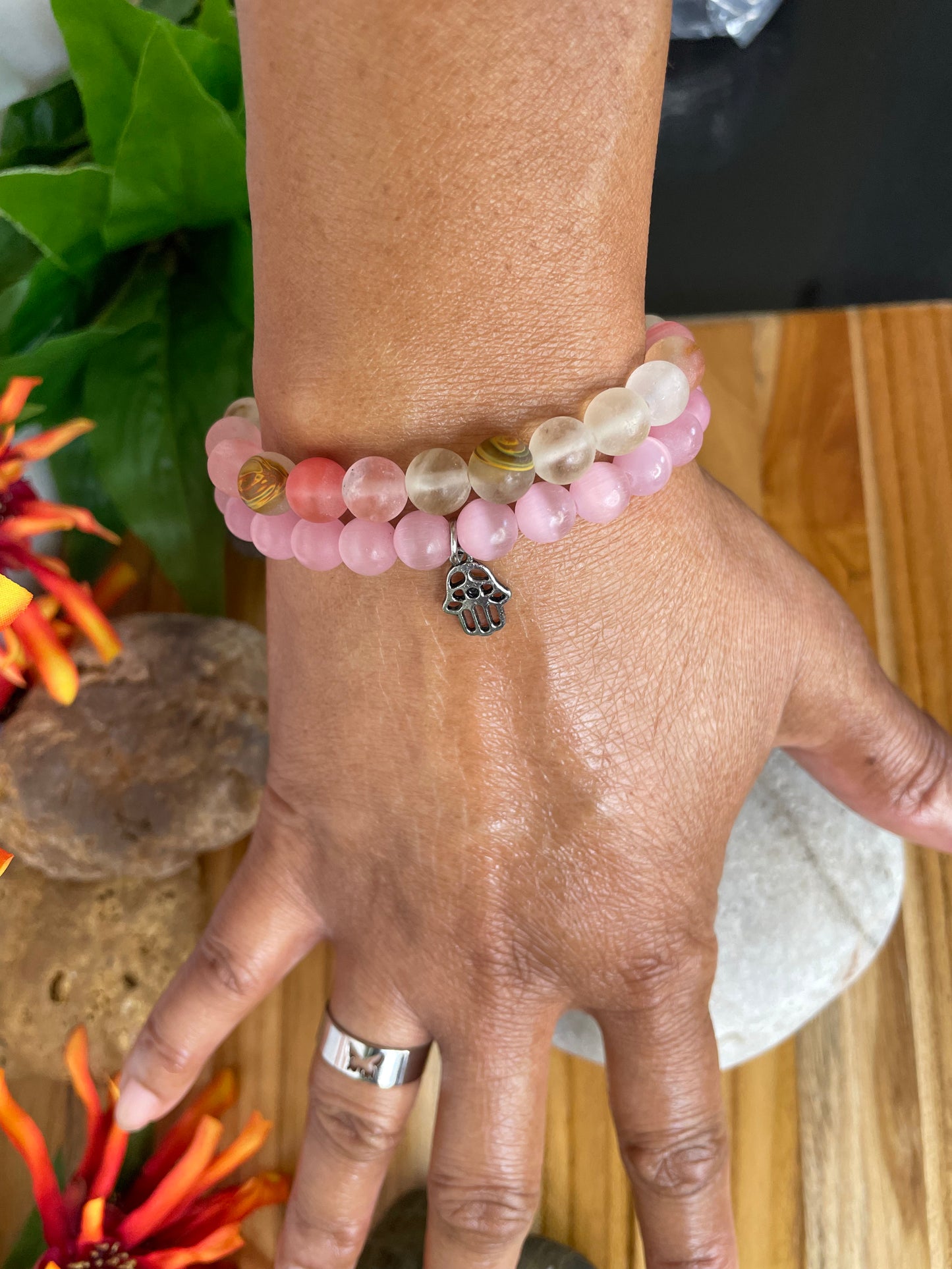 Pink Cats Eye, w/Hamsa Hand Healing Bracelet.