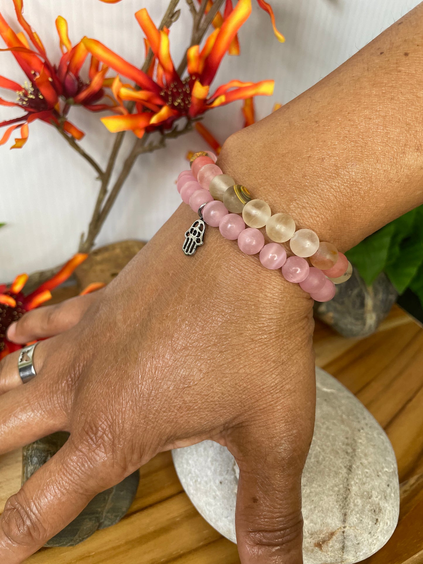 Pink Cats Eye, w/Hamsa Hand Healing Bracelet.