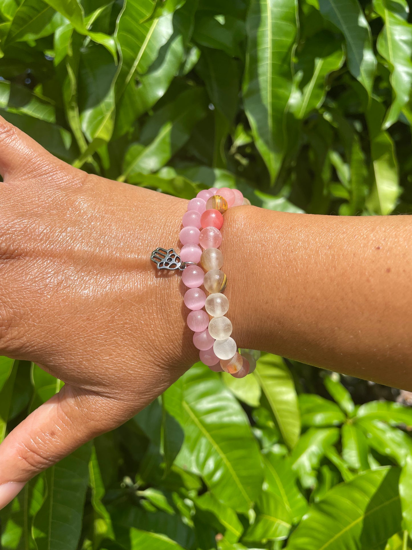 Pink Cats Eye, w/Hamsa Hand Healing Bracelet.