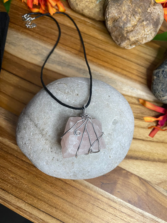 Rose Quartz Crystal Stone, Healing Necklace.