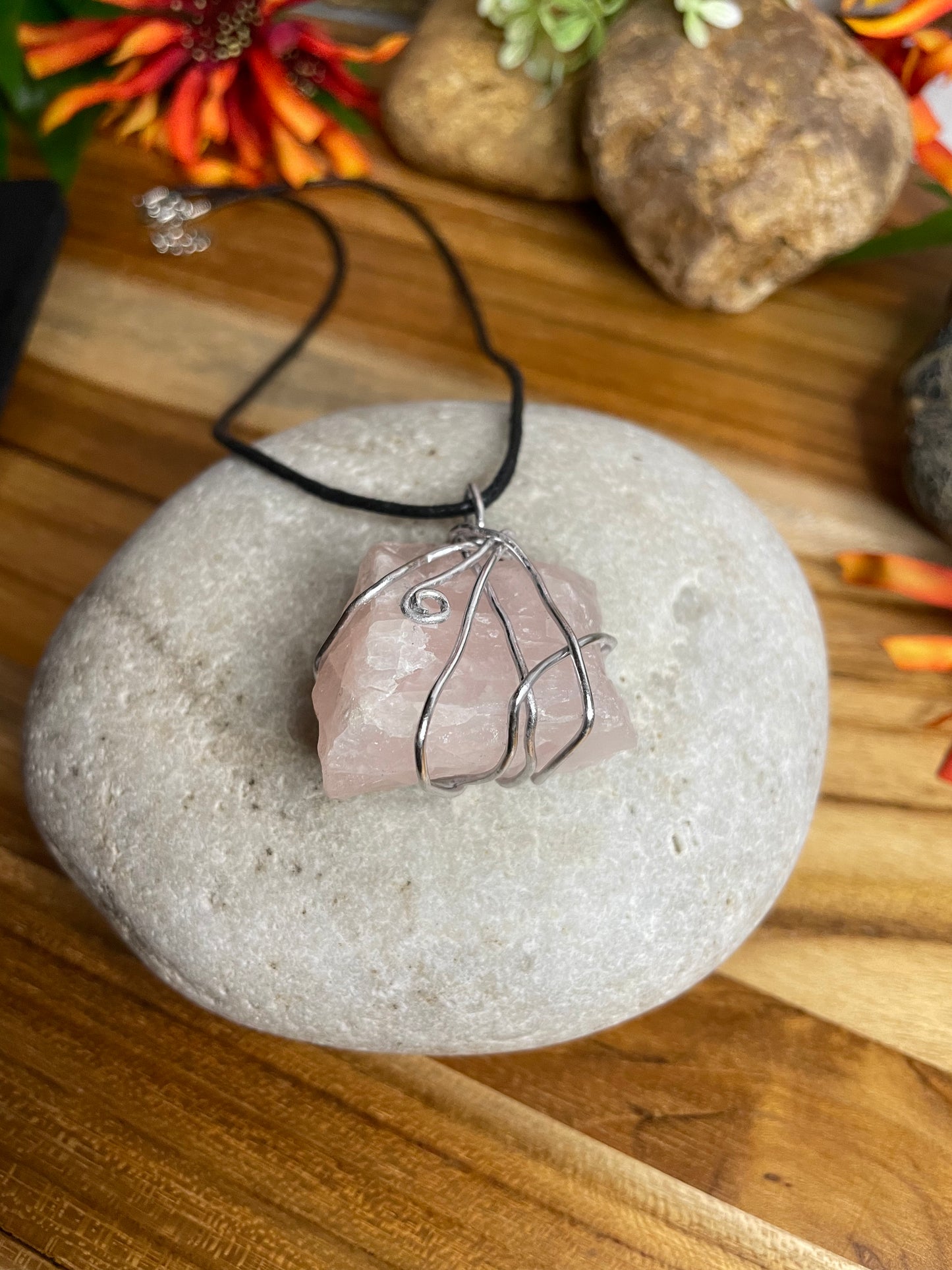 Rose Quartz Crystal Stone, Healing Necklace.