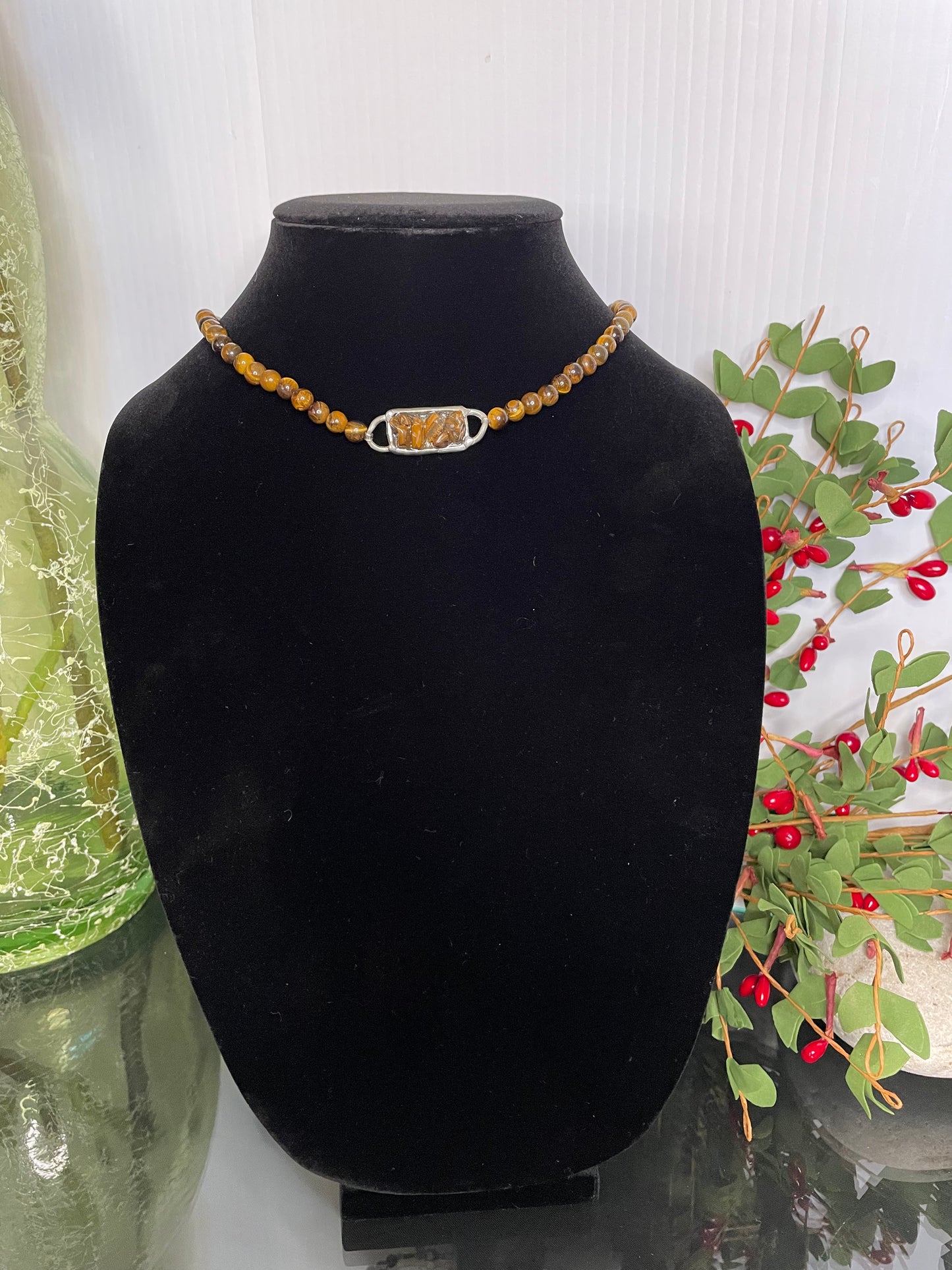 Tiger Eye Chocker w/Antique Silver Plate, Healing Necklace.