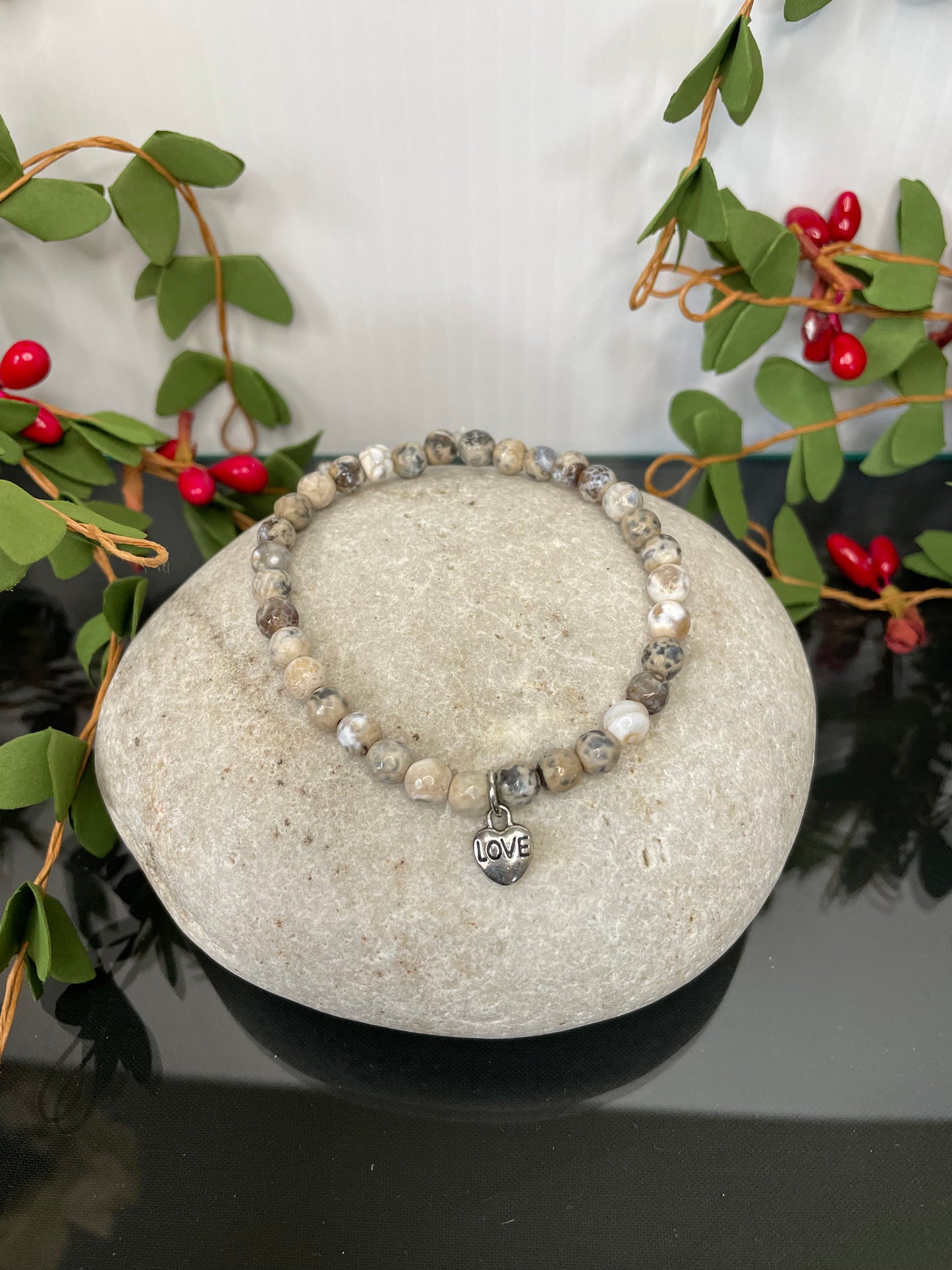 Agate, Beige & Grey Stones w/Heart Healing Bracelet.