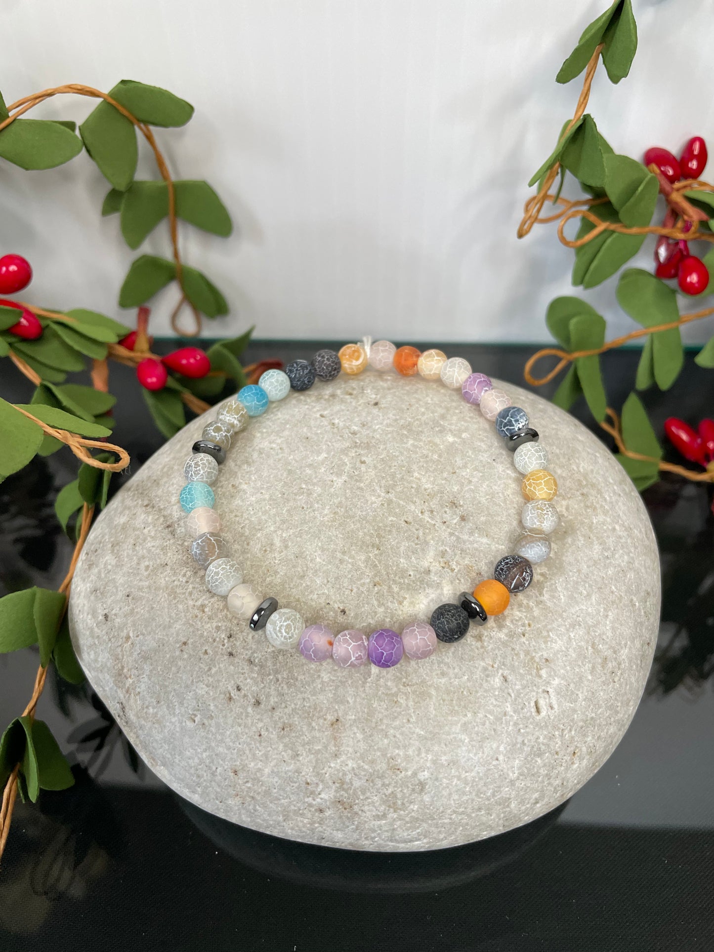 Agate Crackle Multi Colors w/Hematite Stones, Healing Bracelet.