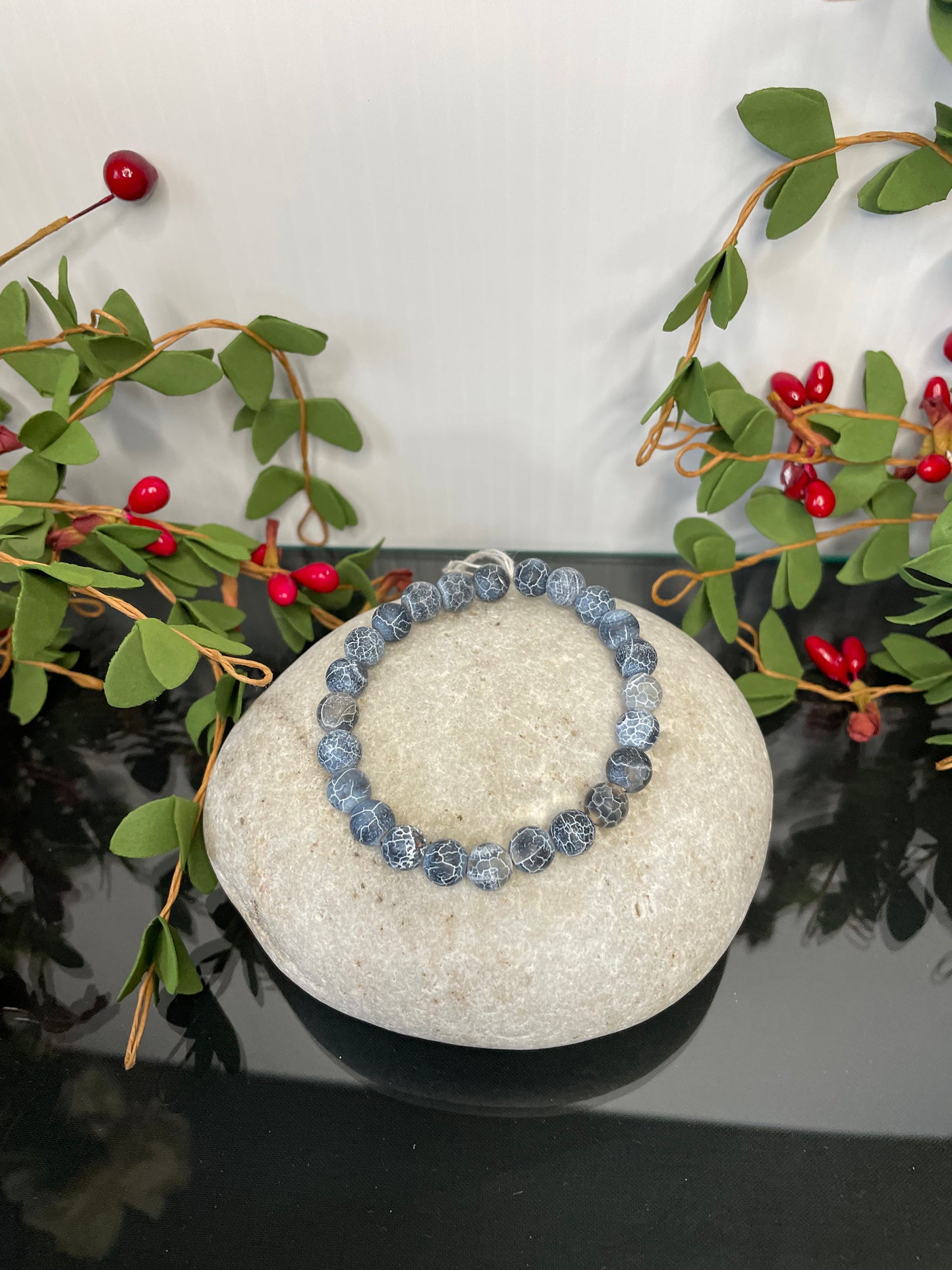 Agate, Crackle Black,  “Blue Stone” Healing Bracelet.