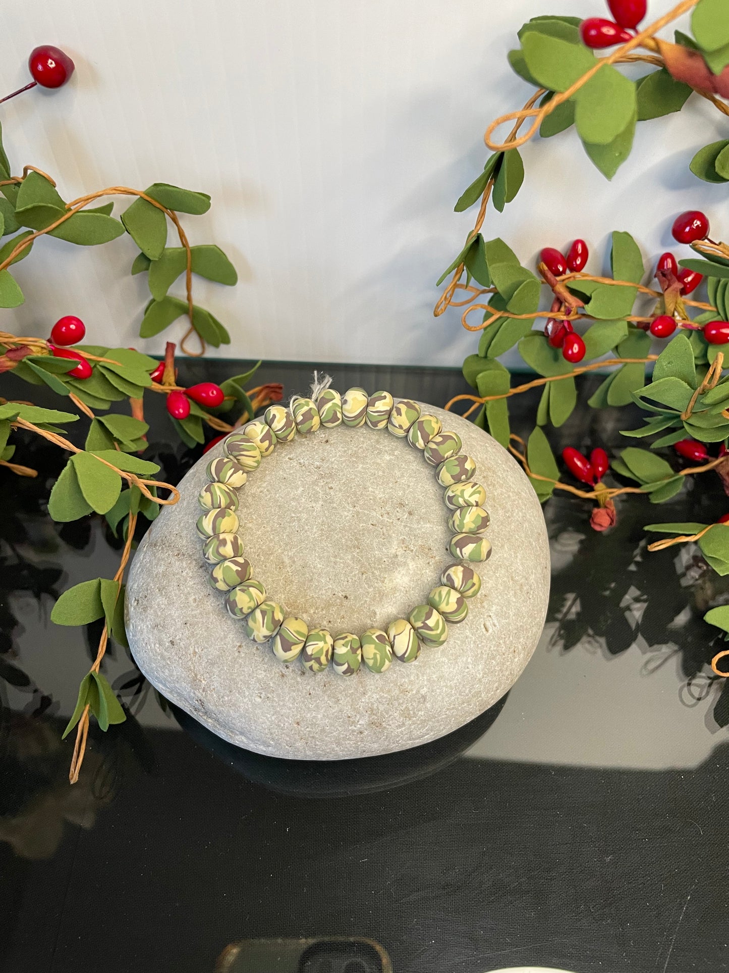 Clay, Light Green Camouflage Rondelle, Healing Bracelet.