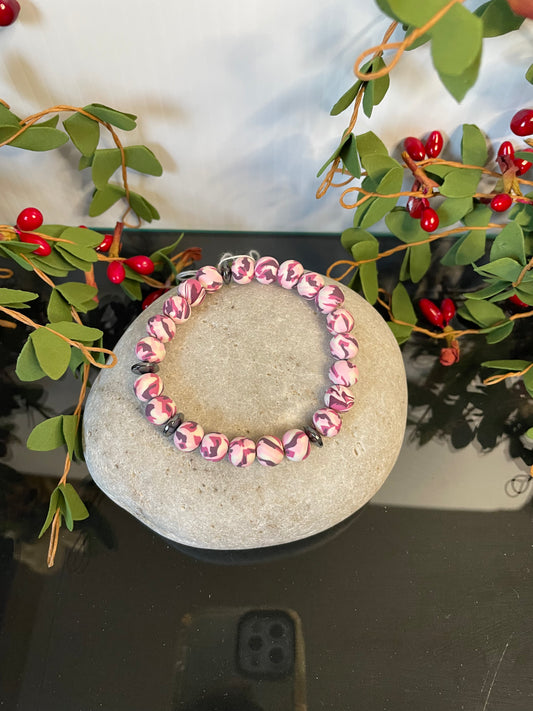 Clay, Pink Camouflage w/Hematite Stones Healing Bracelet.