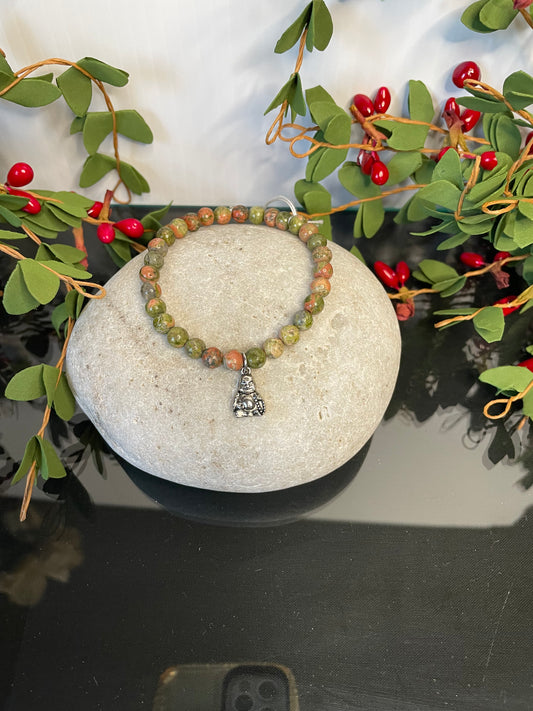 Green Unakite w/ Buddha, Healing Bracelet.