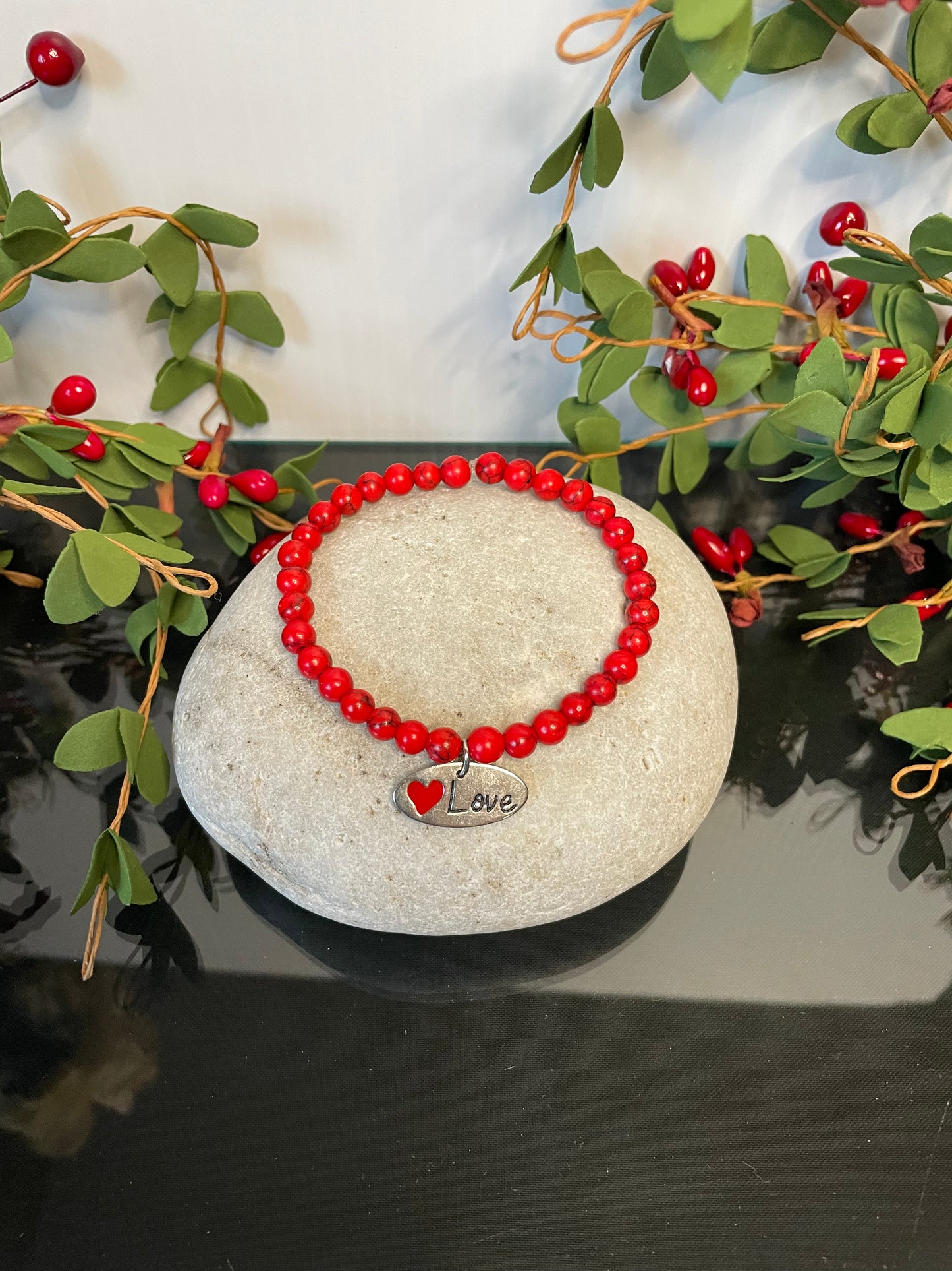 Red Bamboo Coral w/Love Charm, Healing Bracelet.