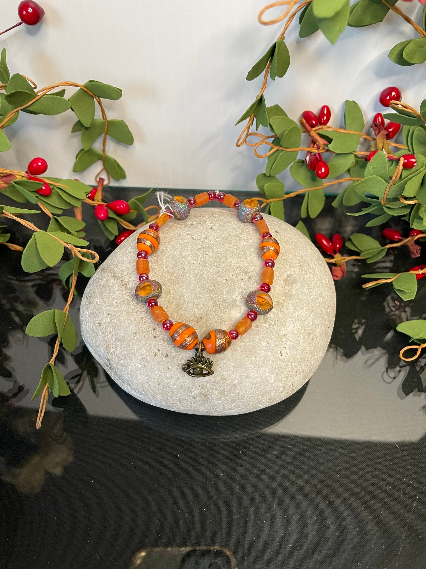 Vibrant Orange Stones w/Evil Eye, Healing Bracelet.